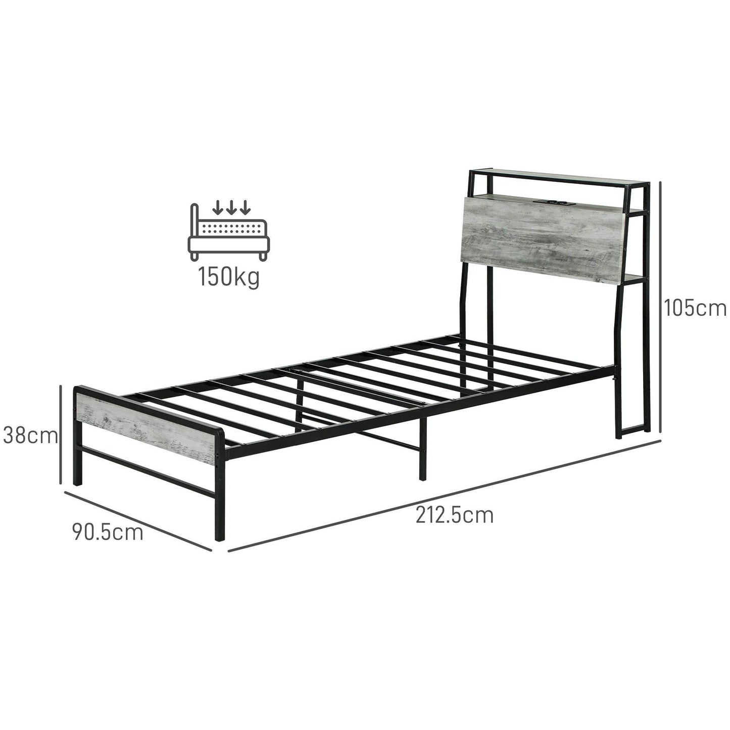 HOMCOM LED-Illuminated Single Steel Bed Frame with Charging Shelf - Grey - ALL4U RETAILER LTD