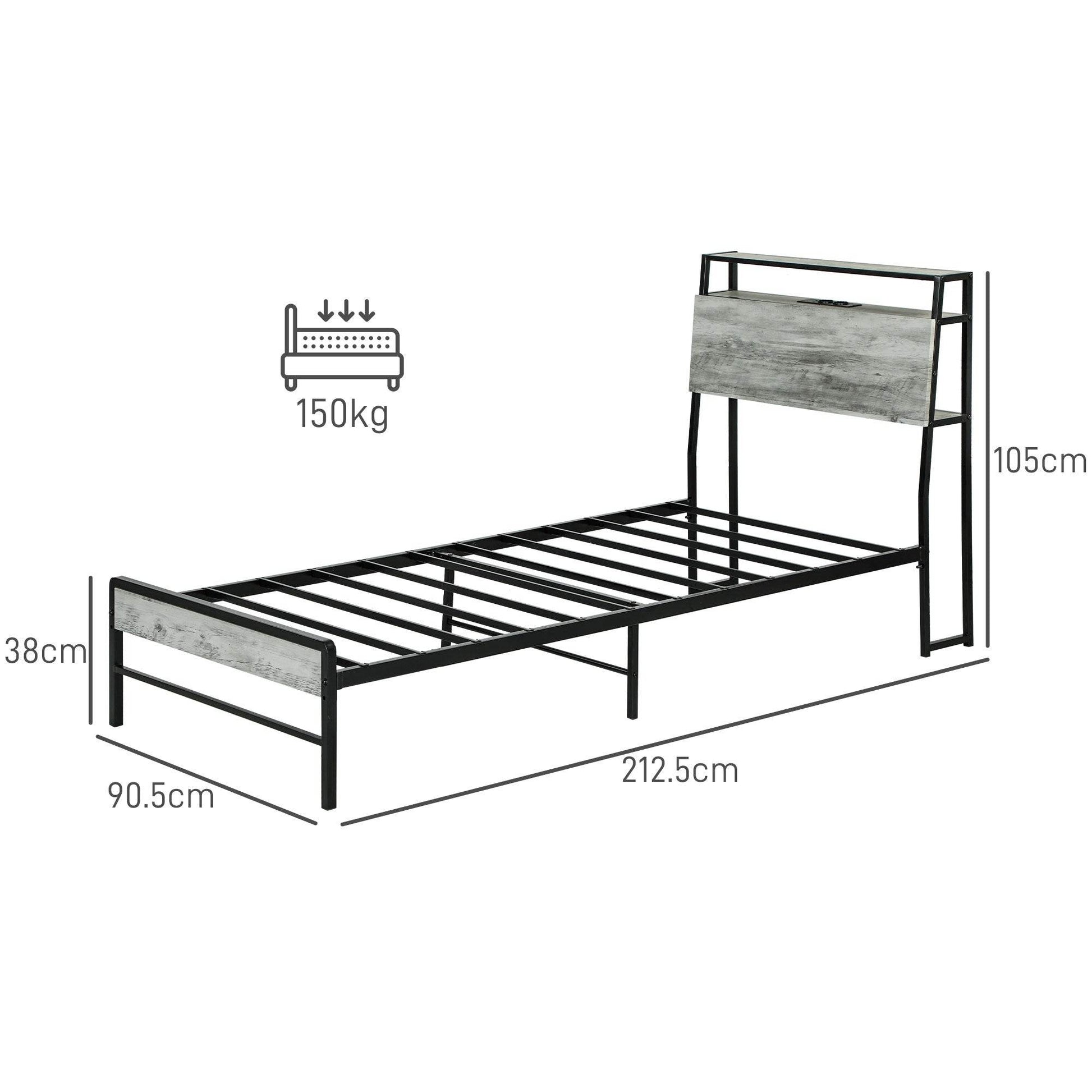 HOMCOM LED-Illuminated Single Steel Bed Frame with Charging Shelf - Grey - ALL4U RETAILER LTD