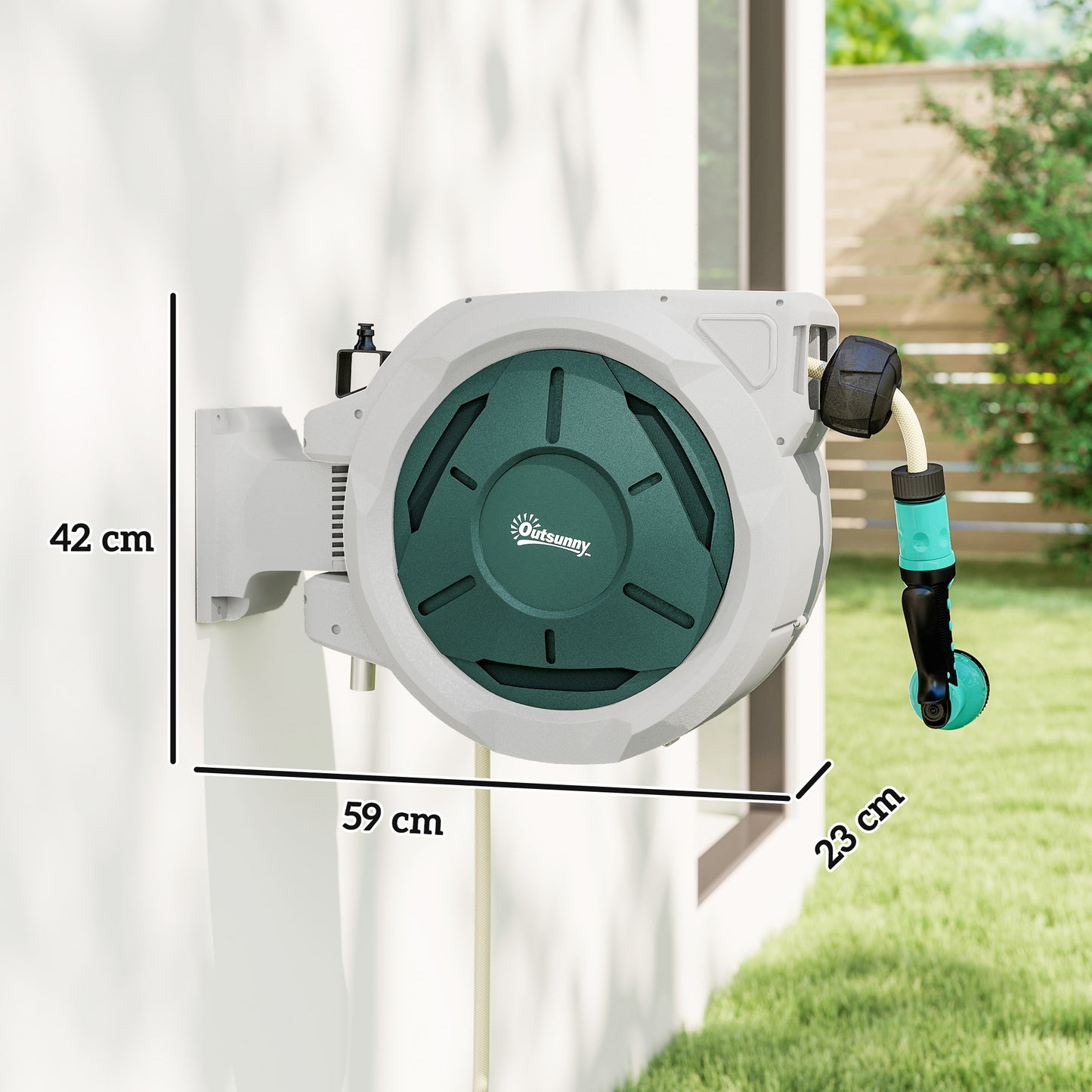 Outsunny Retractable Wall Mounted Hose Reel With 30 Meter Hose Auto Rewind 180 Degree Swivel 7 In 1 Nozzle