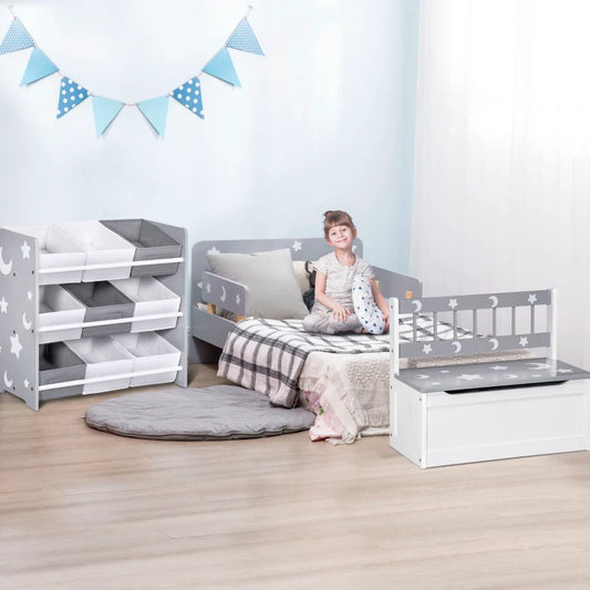 ZONEKIZ 3PCs Kids Bedroom Furniture Set - Bed, Toy Box Bench, Storage Unit with Baskets - Star and Moon Patterns - Ideal for 3-6 Years Old Boys and Girls - Grey