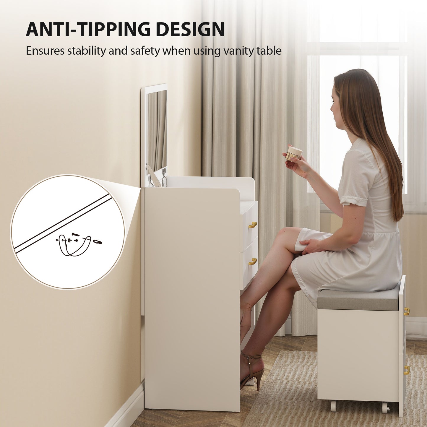 HOMCOM Compact Dressing Table And Stool Set With White Mirror And Storage Two Drawers And Eight Grid Storage