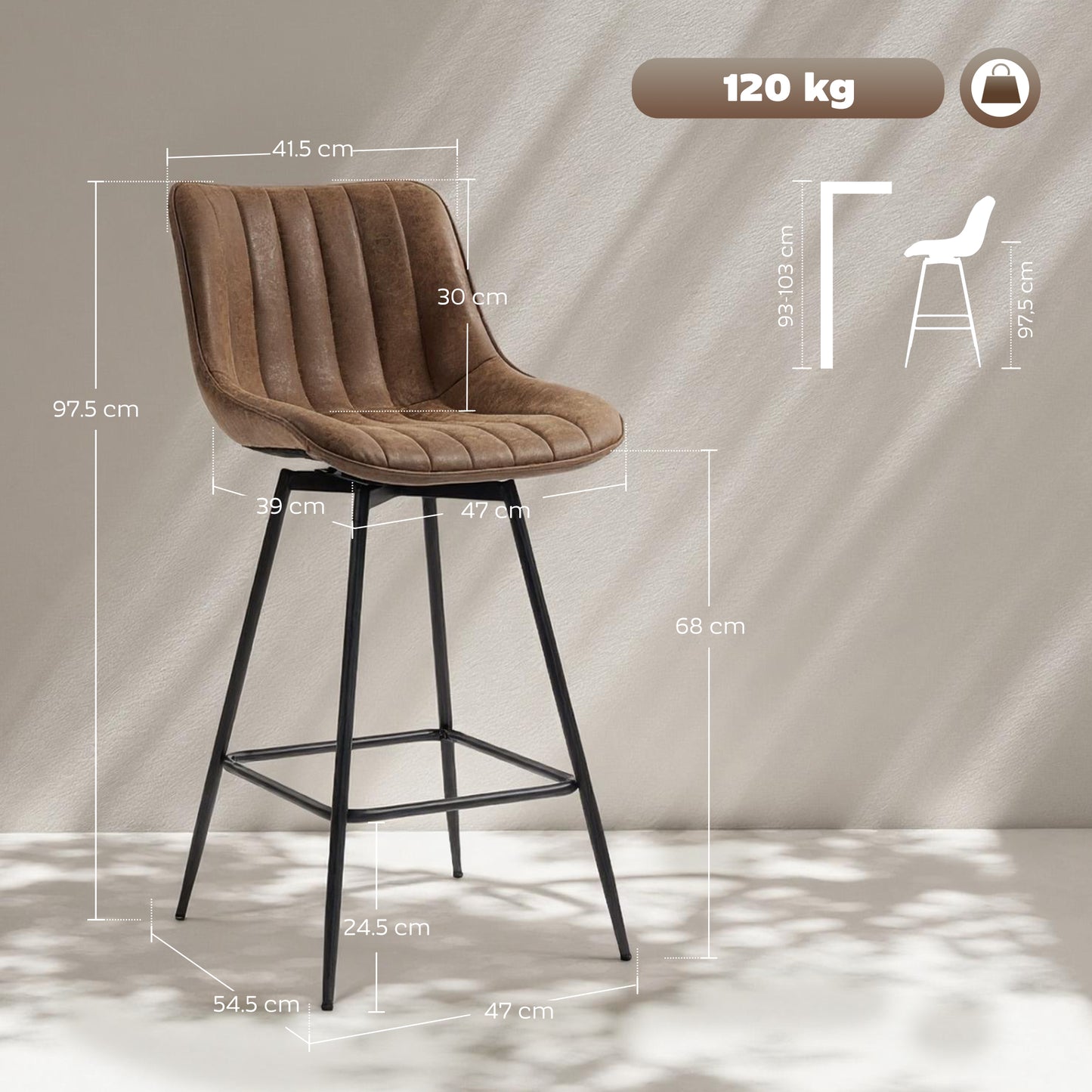 HOMCOM Set Of 2 PU Leather Swivel Bar Stools Brown For Kitchen Island Dining In Modern Home