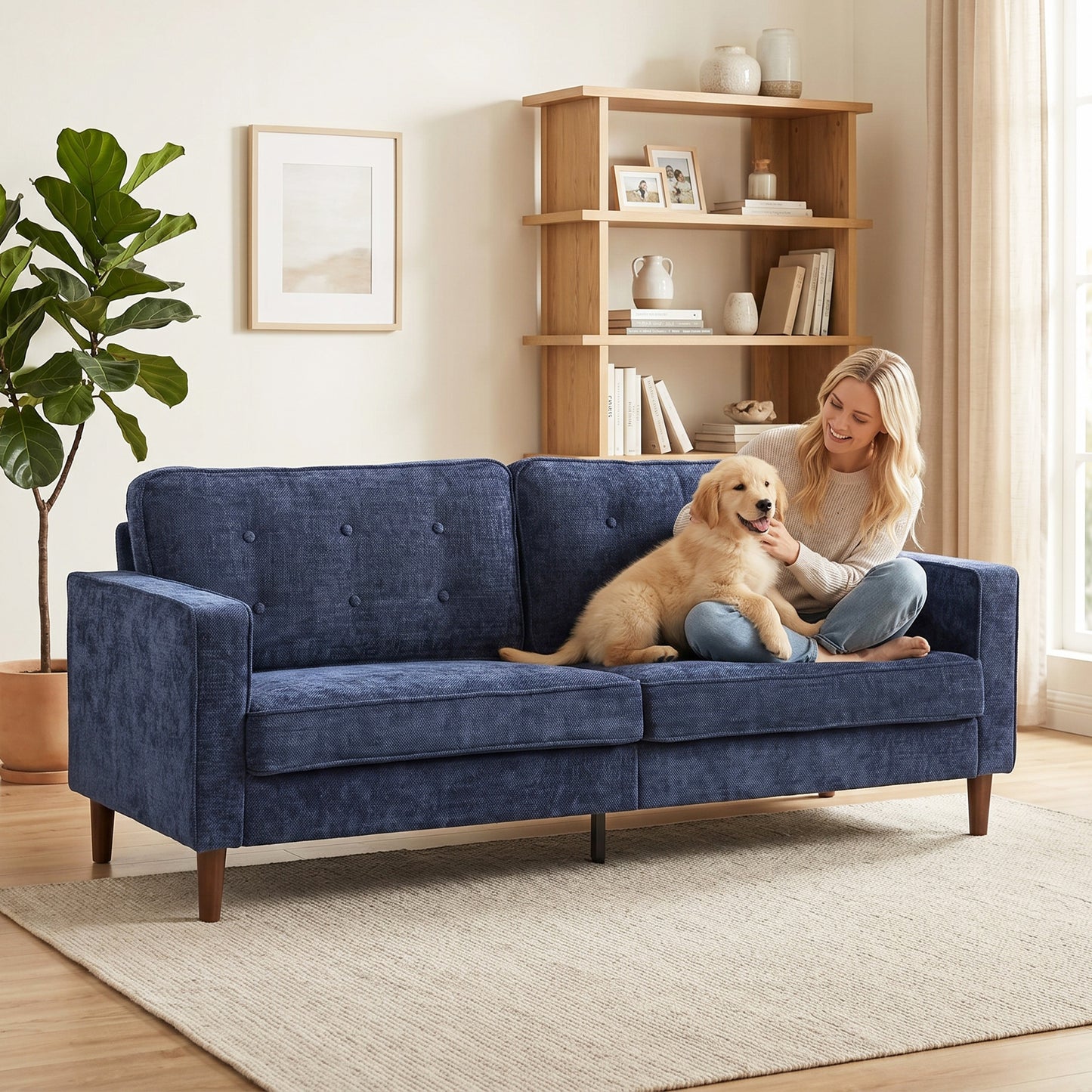 HOMCOM 3 Seater Sofa With Button Tufted Upholstered Velvet And Wood Legs For Living Room Dark Blue