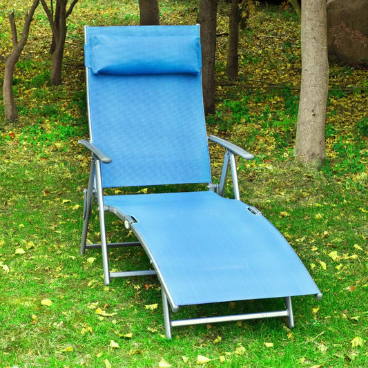 Outsunny Blue Folding Sun Lounger with Headrest - Steel Frame Outdoor Chaise Lounge Chair, 7-Level Adjustable Recliner - ALL4U RETAILER LTD