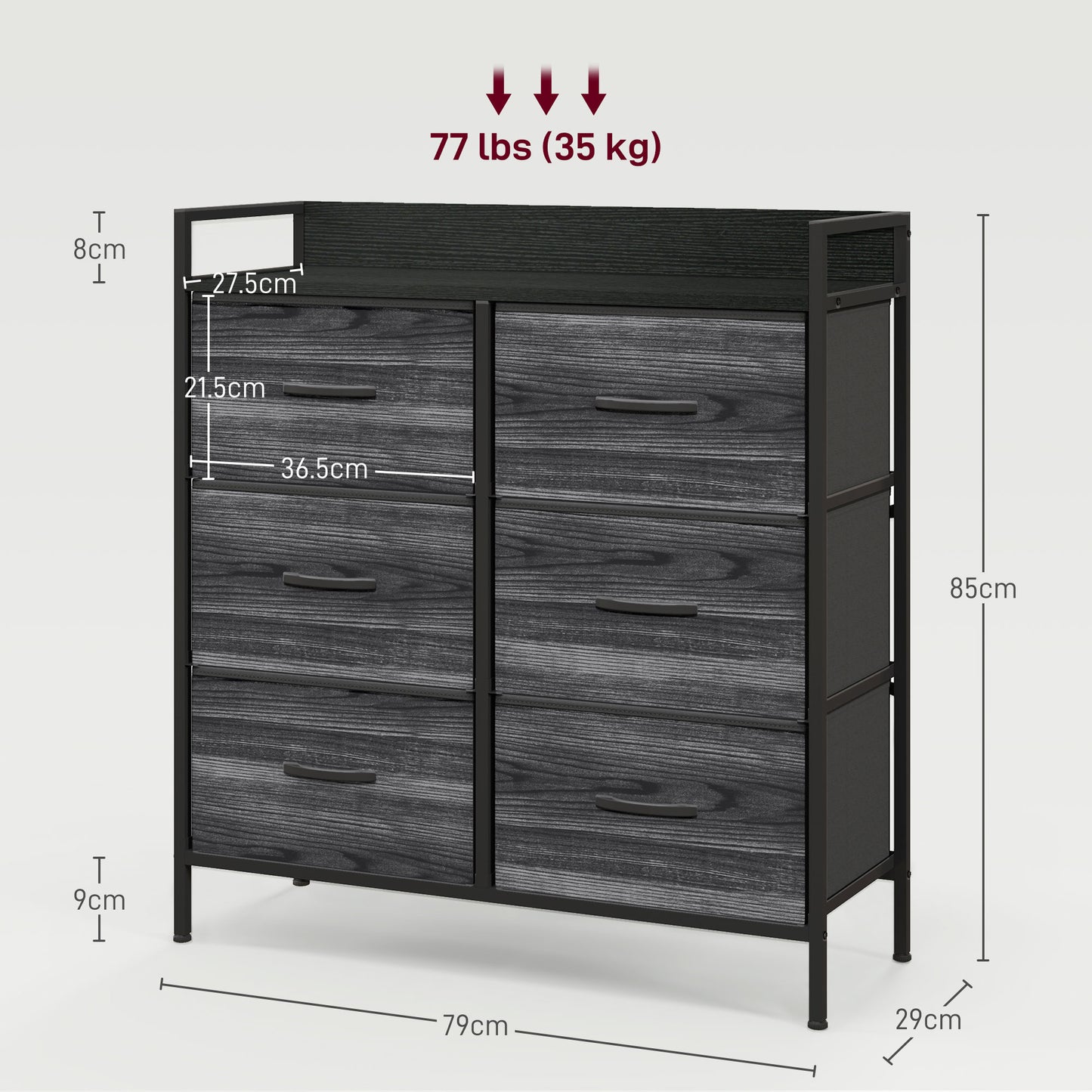 HOMCOM Rustic Chest Of Six Fabric Drawers Black For Clothes Storage And Organising