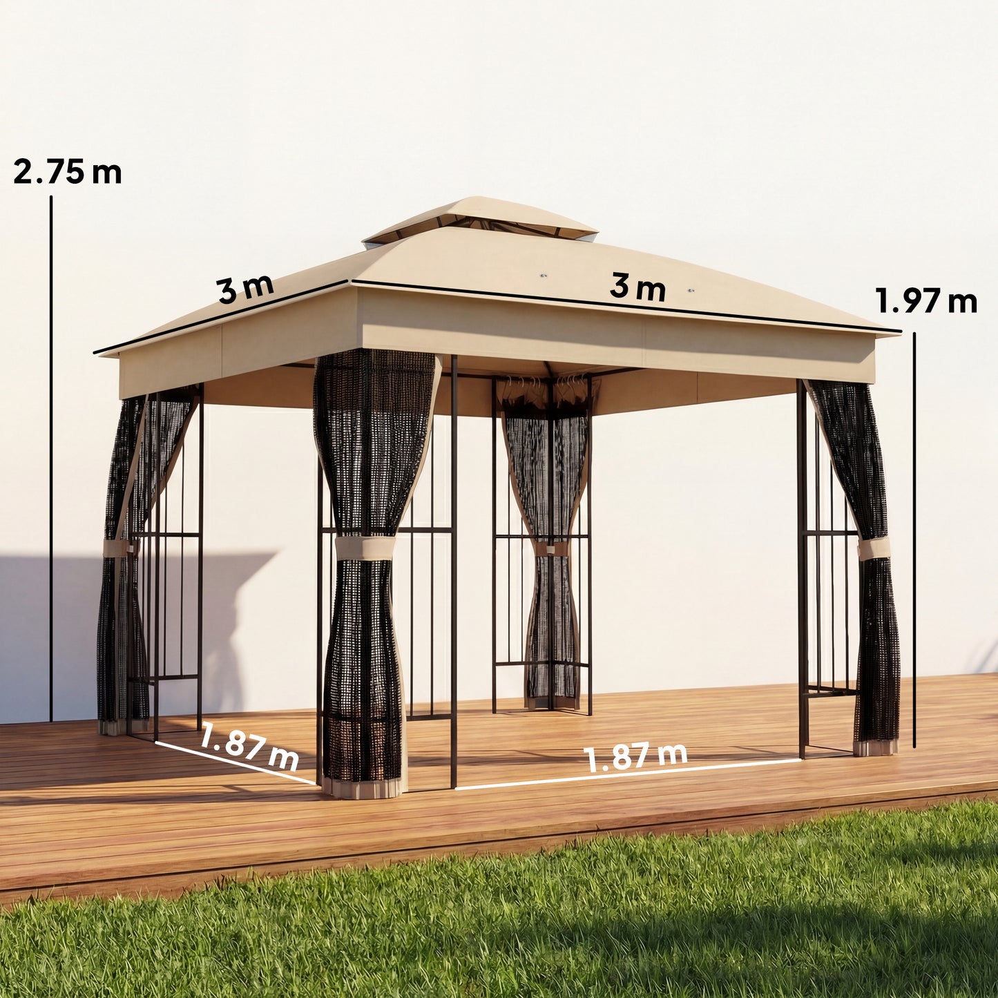 Outsunny 3x3 m Outdoor Garden Gazebo With Post Shelves Mesh Panels And Double Roof UPF50+ Permanent Pavilion Brown