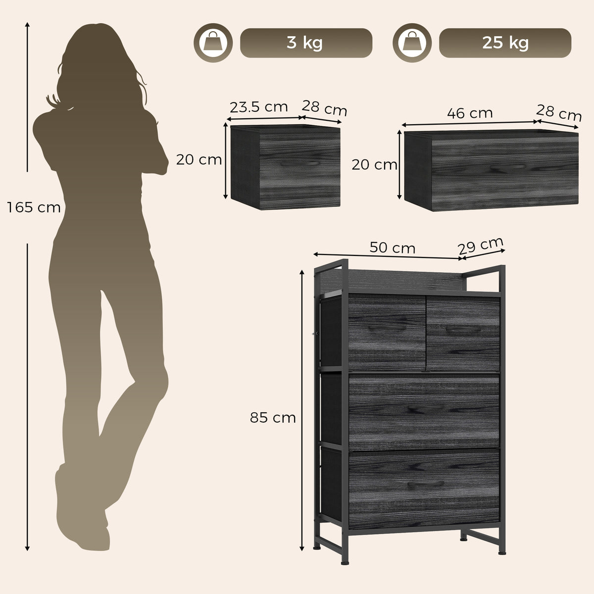 Black four-drawer storage cabinet with fabric drawers and wood-effect finish