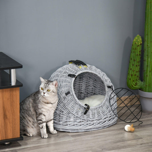 PawHut Wicker Pet Carrier Basket Cat Kitten Bed Portable Travel Cage w/ Soft Cushion Handle Grey 50 x 40 x 40 cm - ALL4U RETAILER LTD