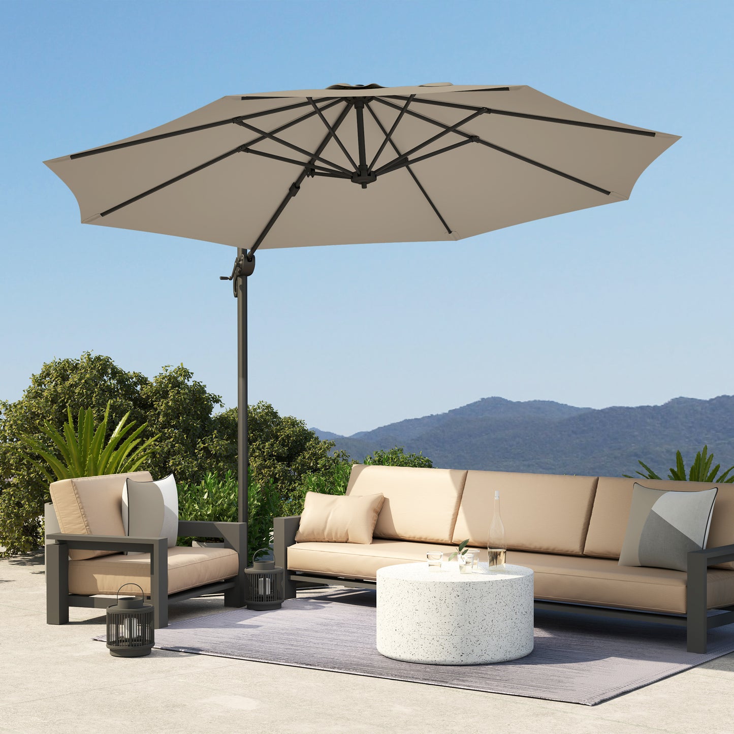 Outsunny 3m Five Angle Cantilever Parasol With Aluminium Frame And 360 Degree Rotating Canopy Light Grey
