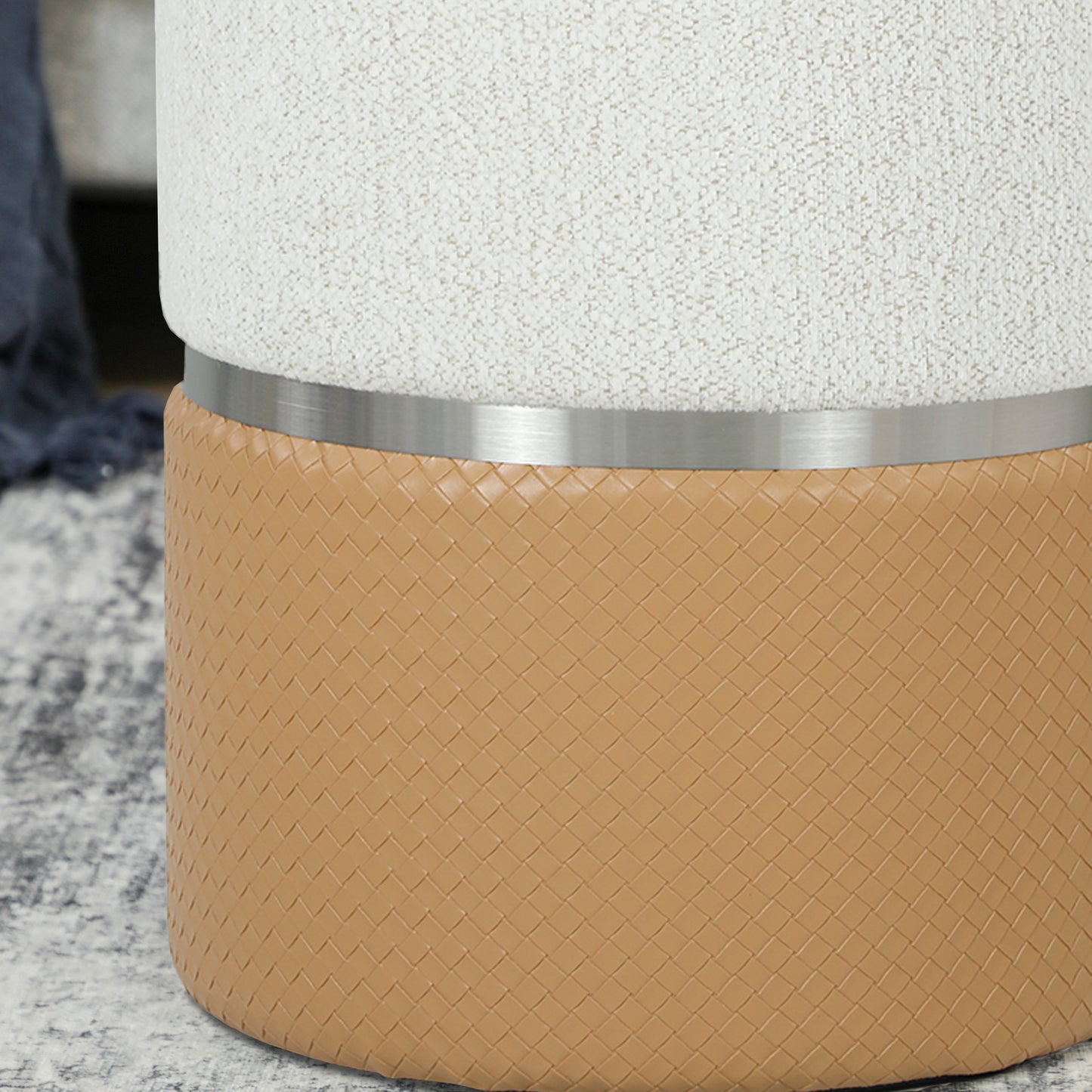 HOMCOM Nesting Round Ottomans With Storage Set Of 2 Cream And Brown Chenille Two Tone
