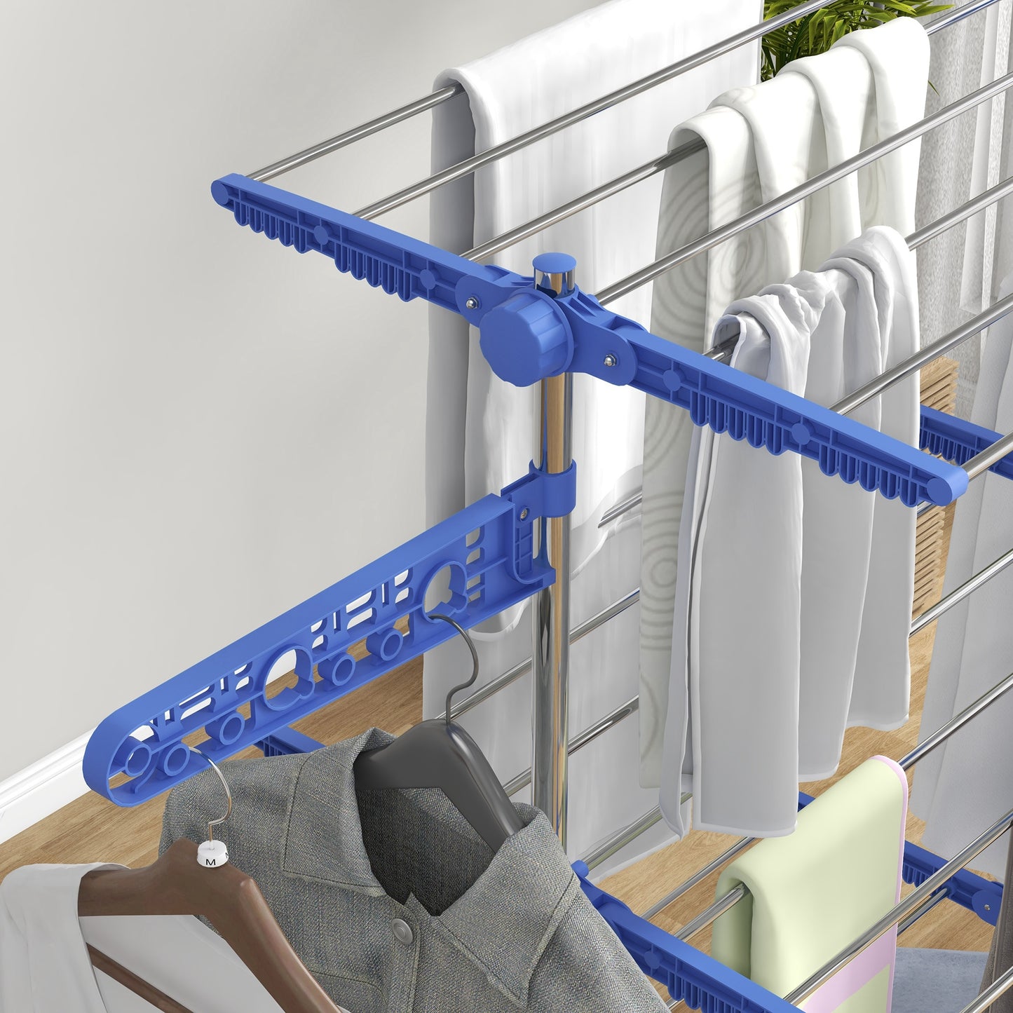 HOMCOM Three Shelf Collapsible Clothes Horse With Side Arms And Wheels In Blue For Easy Drying