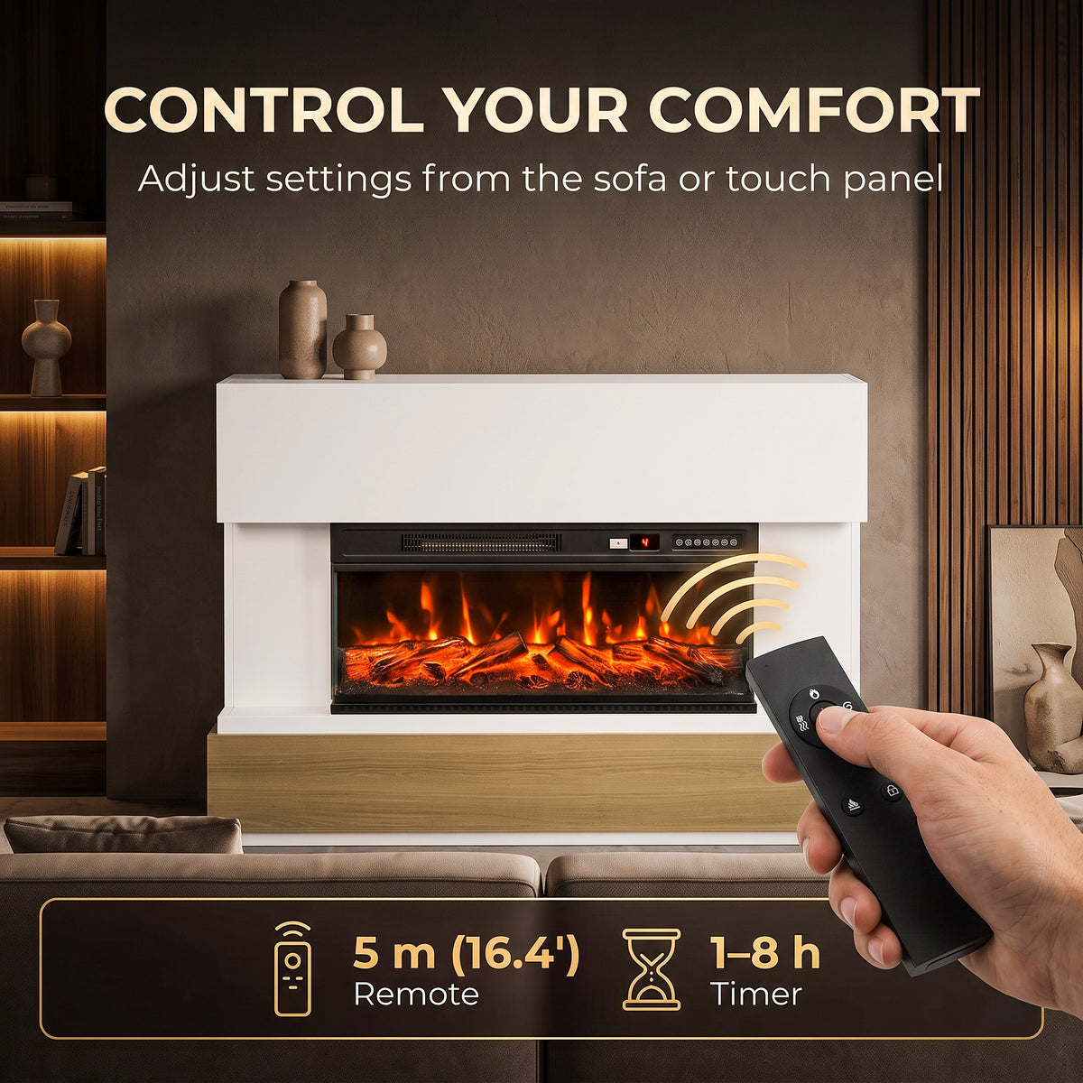Electric fireplace with flame window and handheld remote for adjusting comfort settings