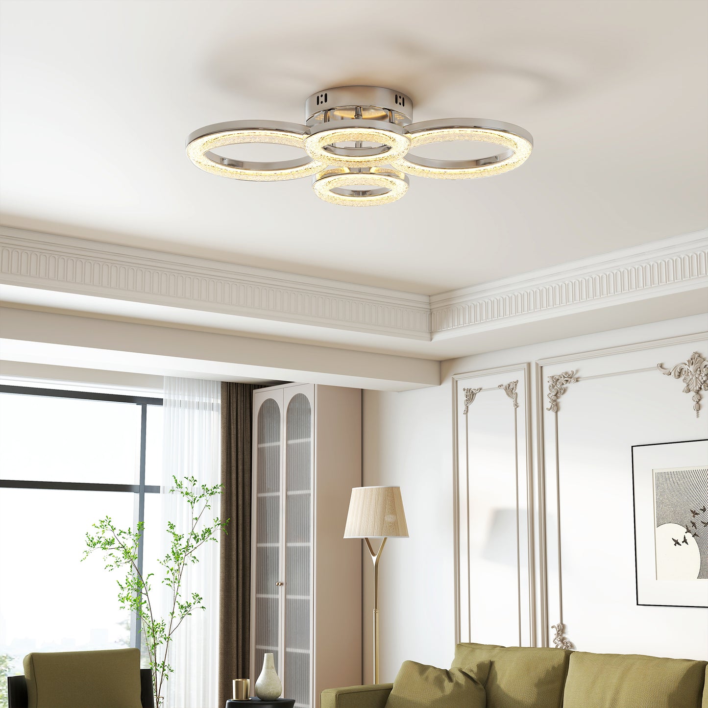 HOMCOM LED Ceiling Light 4 Ring Flush Mount With Wall Switch Control 40W 4350lm 3500K 4500K 6000K Silver