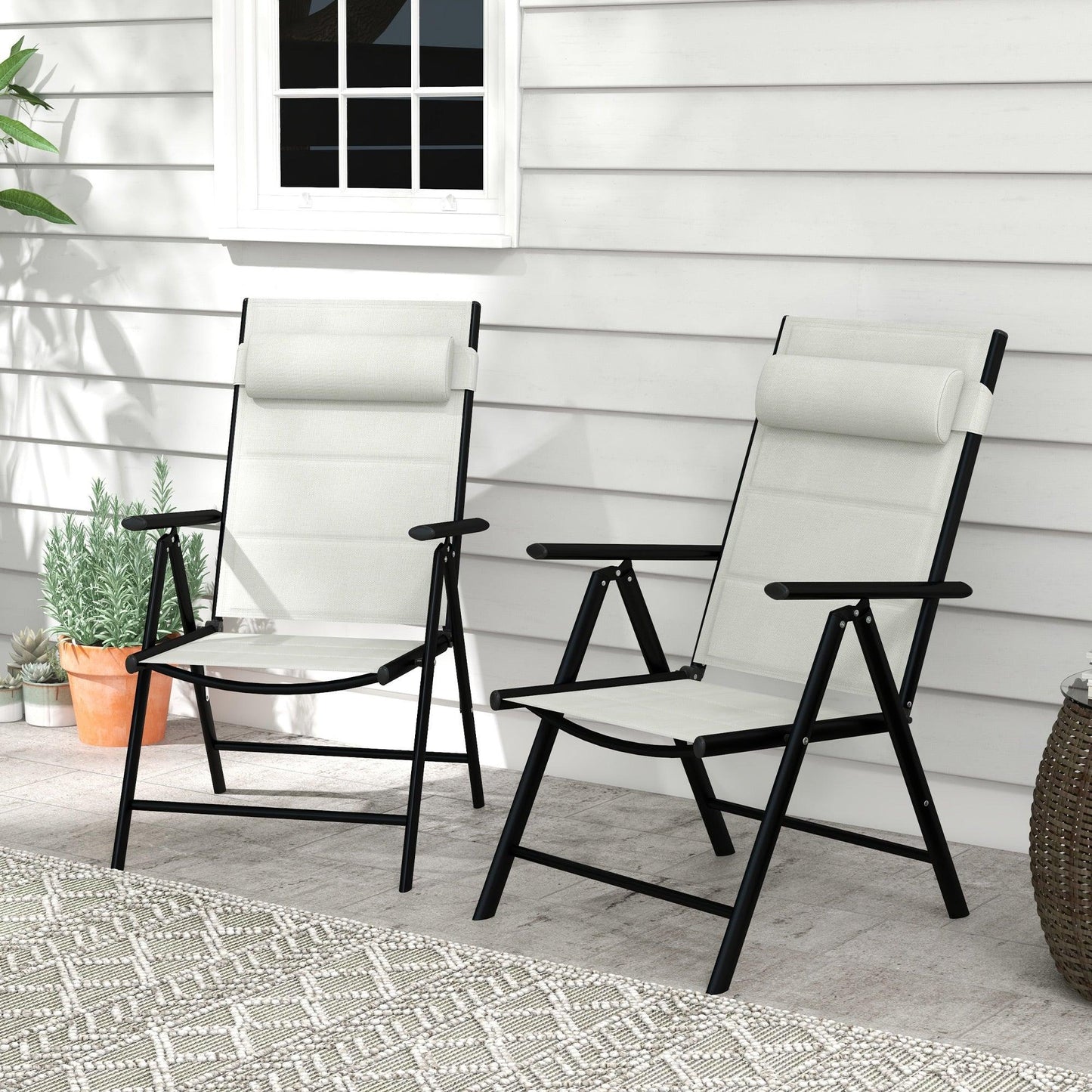 Outsunny Set of 2 Patio Folding Chairs w/ Adjustable Back, Garden Dining Chairs w/ Breathable Mesh Fabric Padded Seat, Backrest, Headrest, Light Grey - ALL4U RETAILER LTD