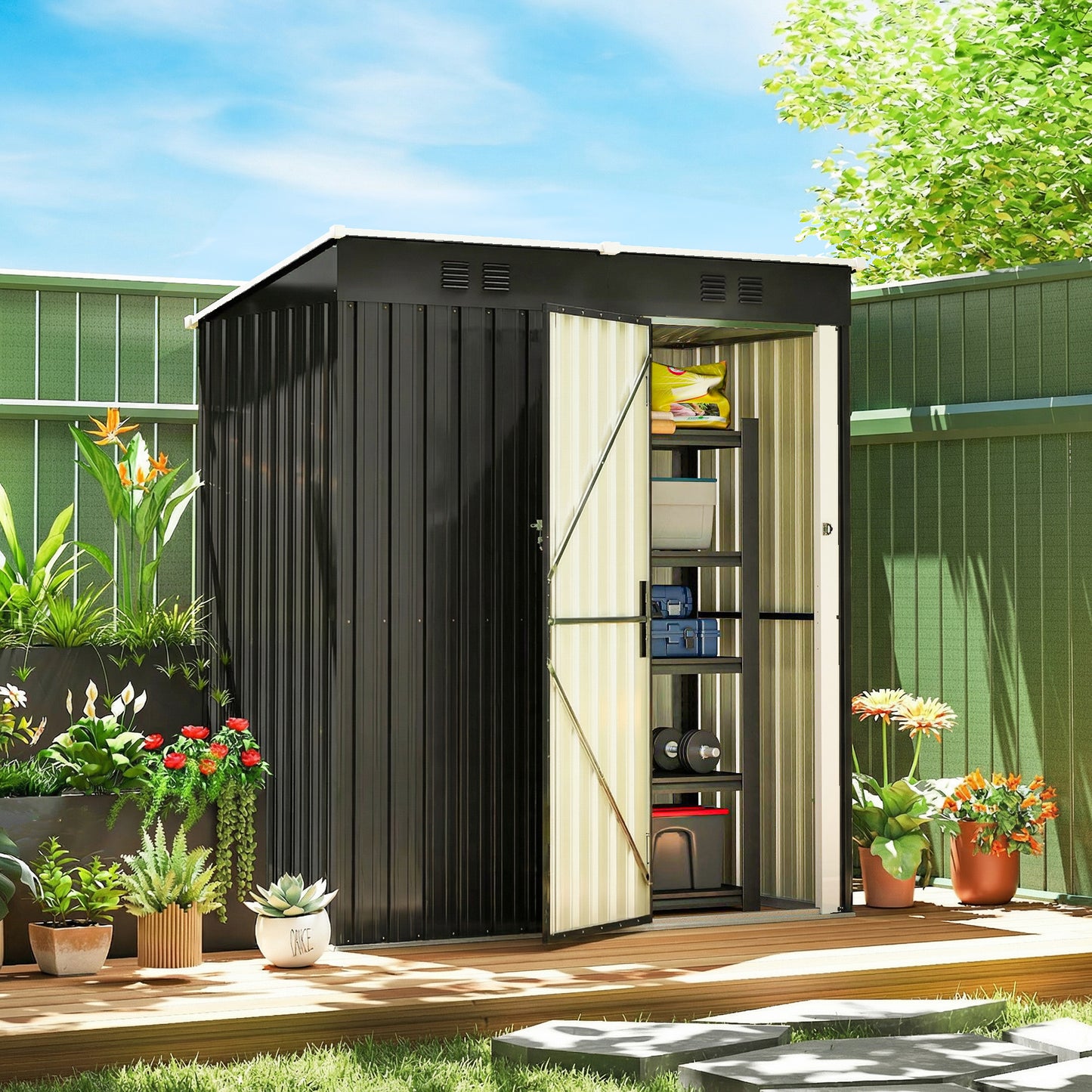 Outsunny 5 By 3 Ft Lean To Garden Shed Outdoor Storage With Lockable Door And Vents Dark Grey