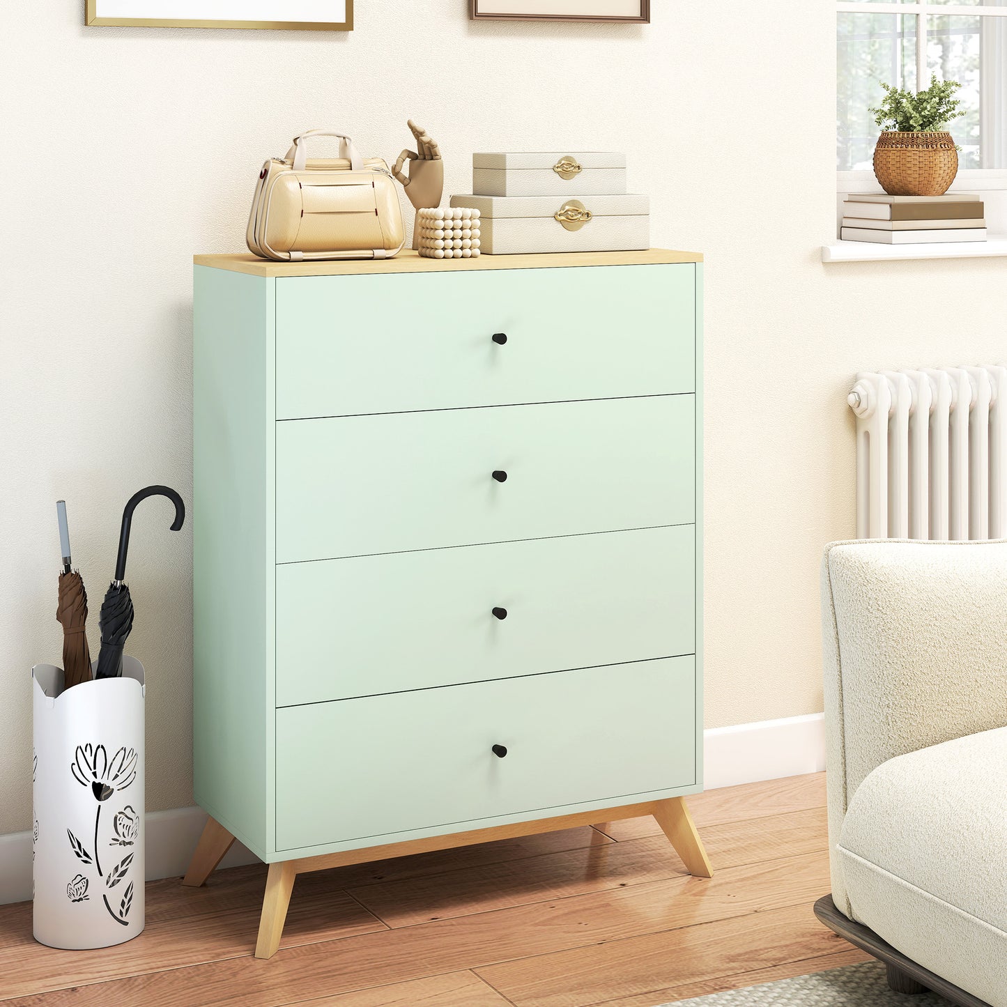 HOMCOM 4 Drawer Storage Cabinet Chest of Drawers for Bedroom and Living Room in Light Green and Oak Finish