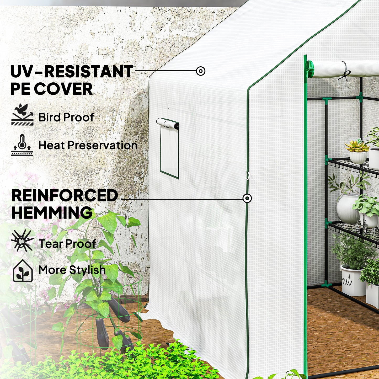 Outsunny Walk In Plastic Greenhouse 143x140 cm With Four Shelves On Each Side Roll Up Door UV Resistant Cover White