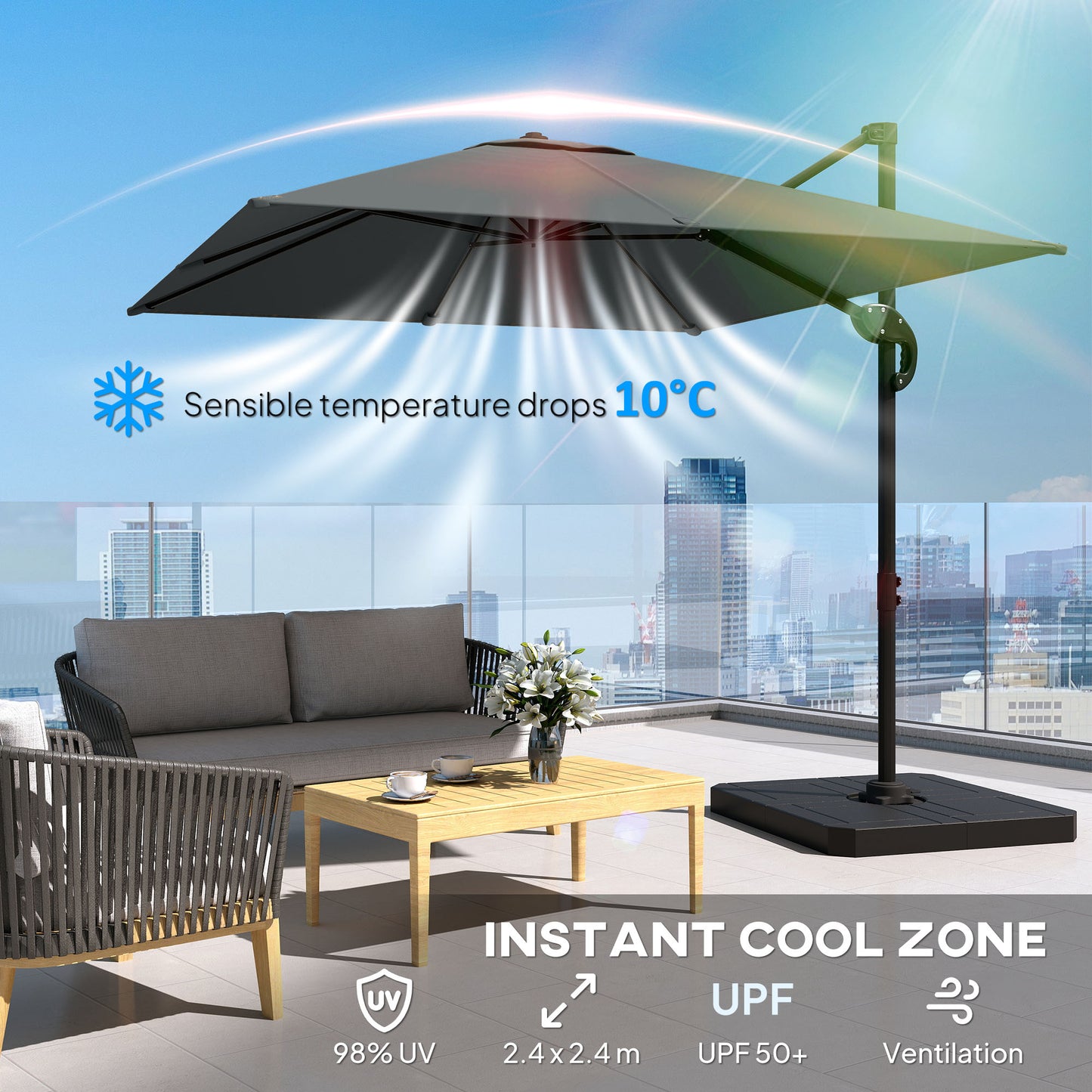 Outsunny 2.4 x 2.4m Cantilever Parasol With Weights UPF50+ Offset Outdoor Umbrella Easy Tilt Adjustment Dark Grey
