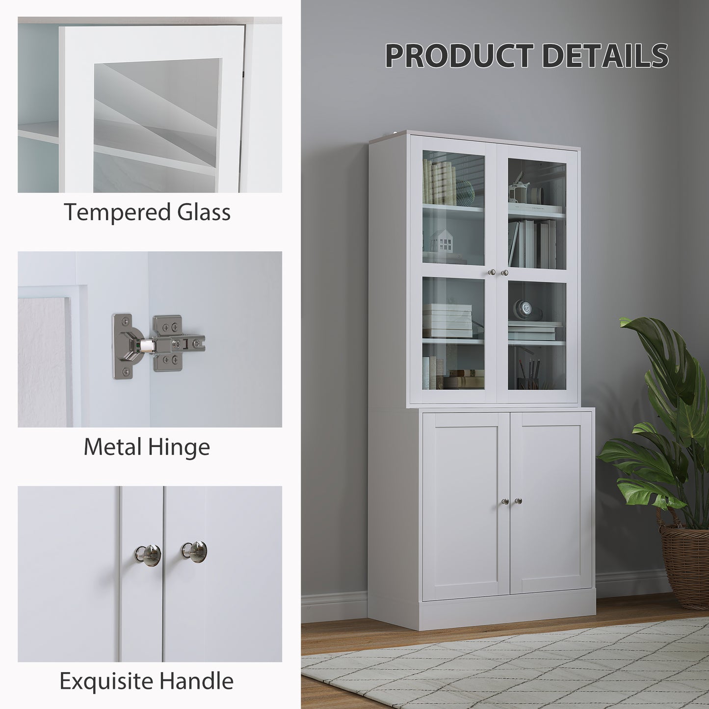 HOMCOM Double Storage Display Cabinet With Adjustable Shelves White MDF Glass Doors