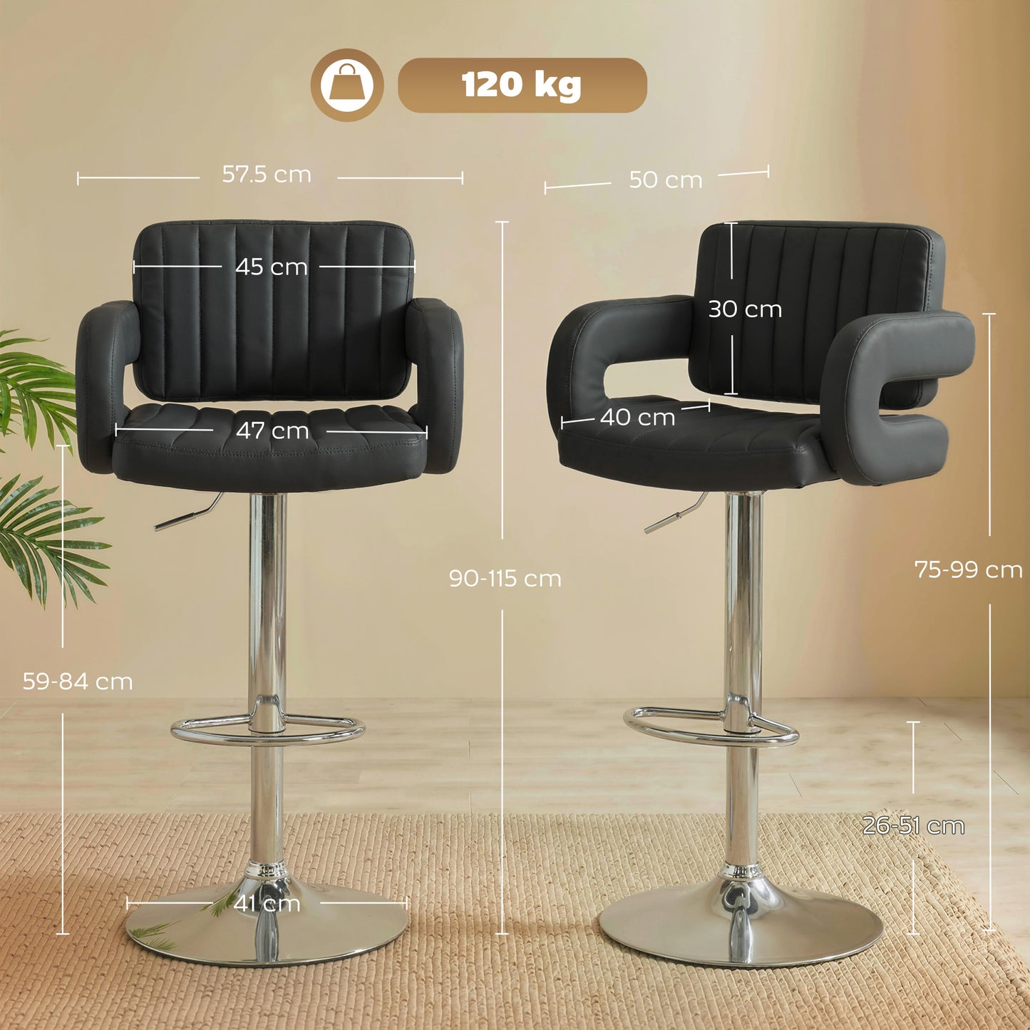 Homcom Adjustable Swivel Bar Stools With Backrest And Armrests Set Of 2 PU Leather Black