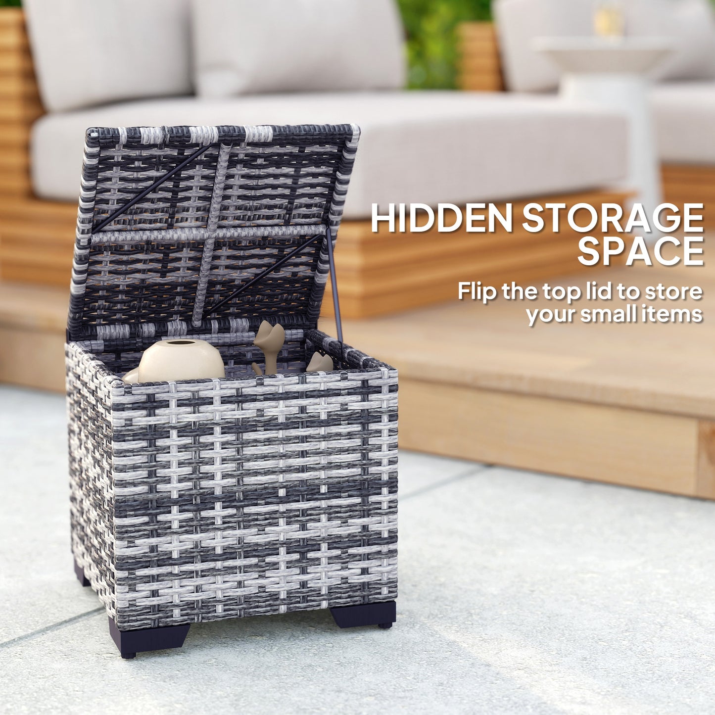 Outsunny Set of 2 Rattan Storage Ottomans Outdoor Footstools Removable Cushions Dark Grey