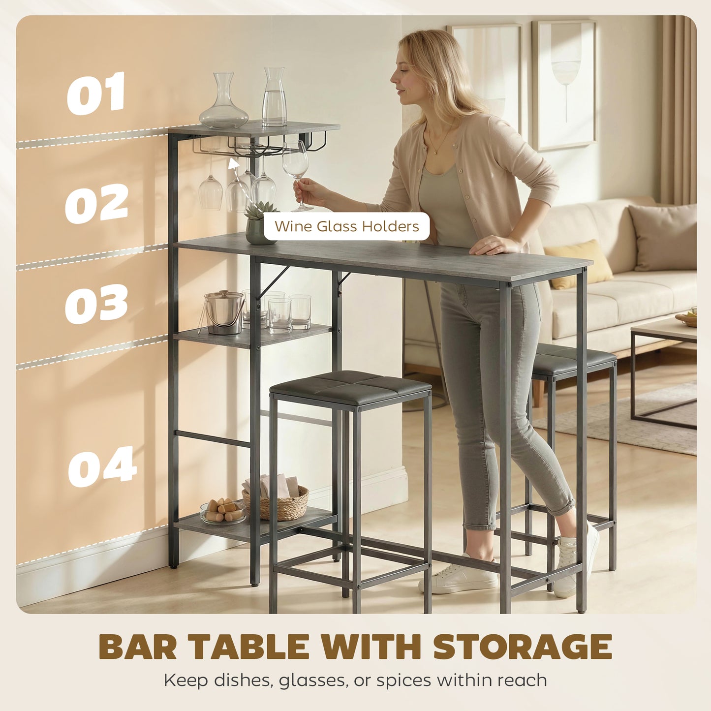 HOMCOM 3 Piece Breakfast Bar Table And Stools Set Washed Grey With 4 Tier Shelving And Wine Glass Racks