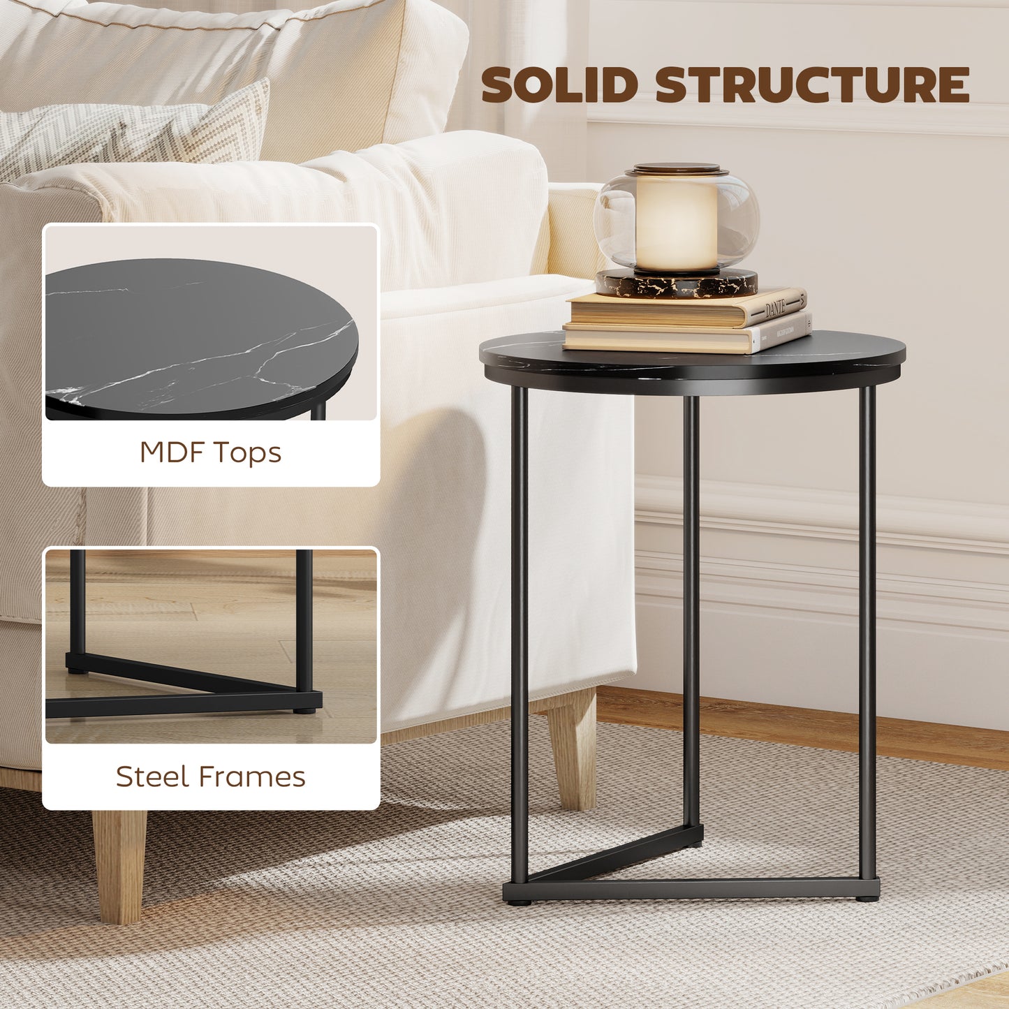 HOMCOM Set Of Two Marble Effect Nest Of Tables With Small And Large Tables Black Frame For Lounge Hallway