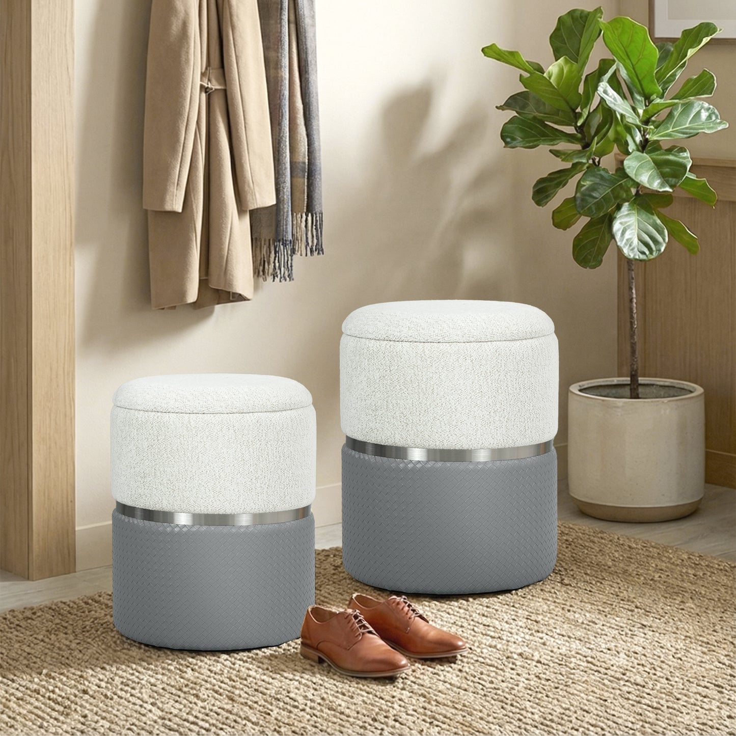 HOMCOM Nesting Round Ottomans With Storage Set Of 2 Cream And Grey Two Tone Upholstered Ottomans