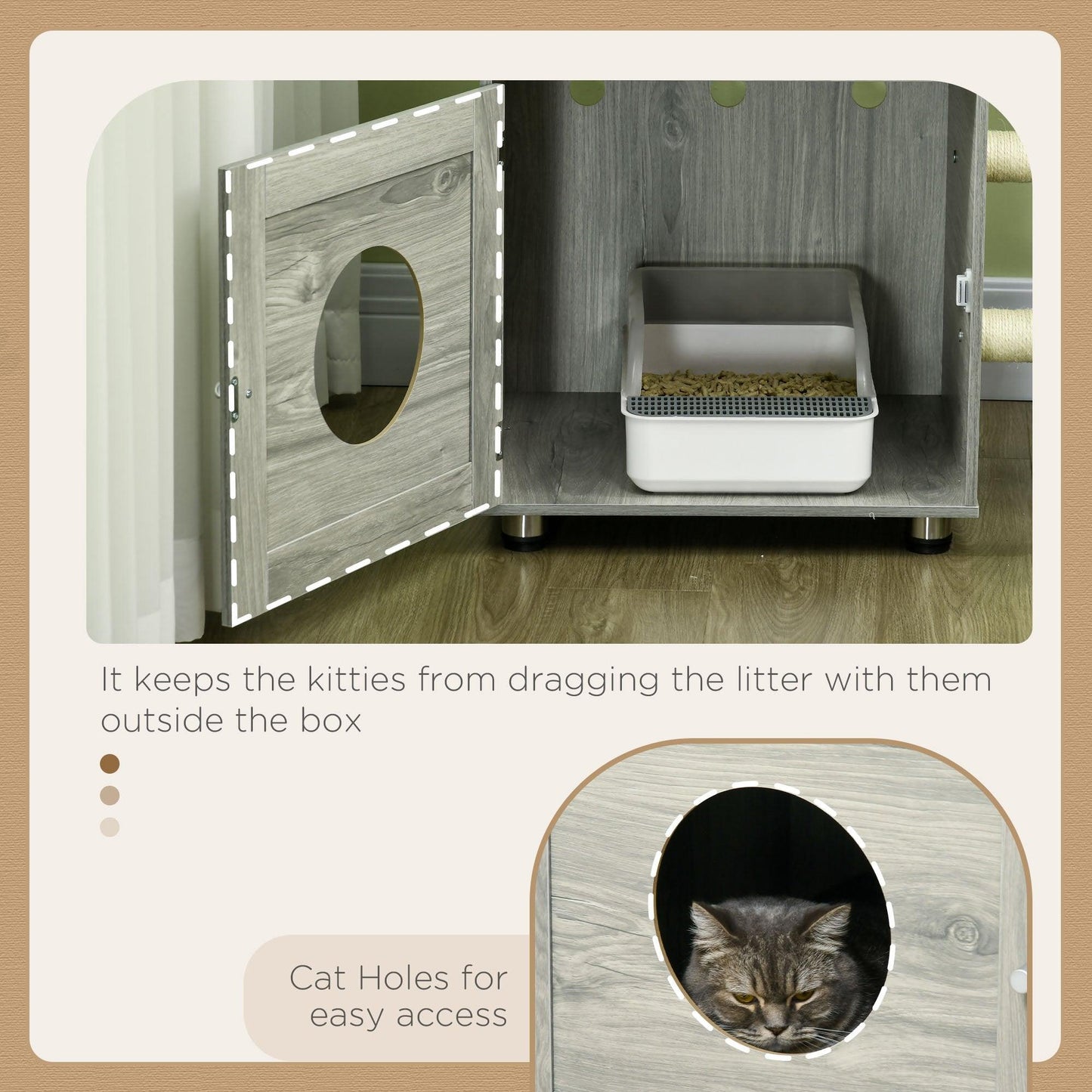 PawHut Grey Enclosed Cat Litter Box with Cat House - Indoor Cats Use - ALL4U RETAILER LTD