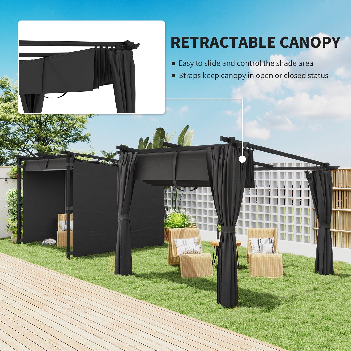 Outsunny 3 x 3 m Retractable Roof Pergola With Curtains Dark Grey Outdoor Patio Shade
