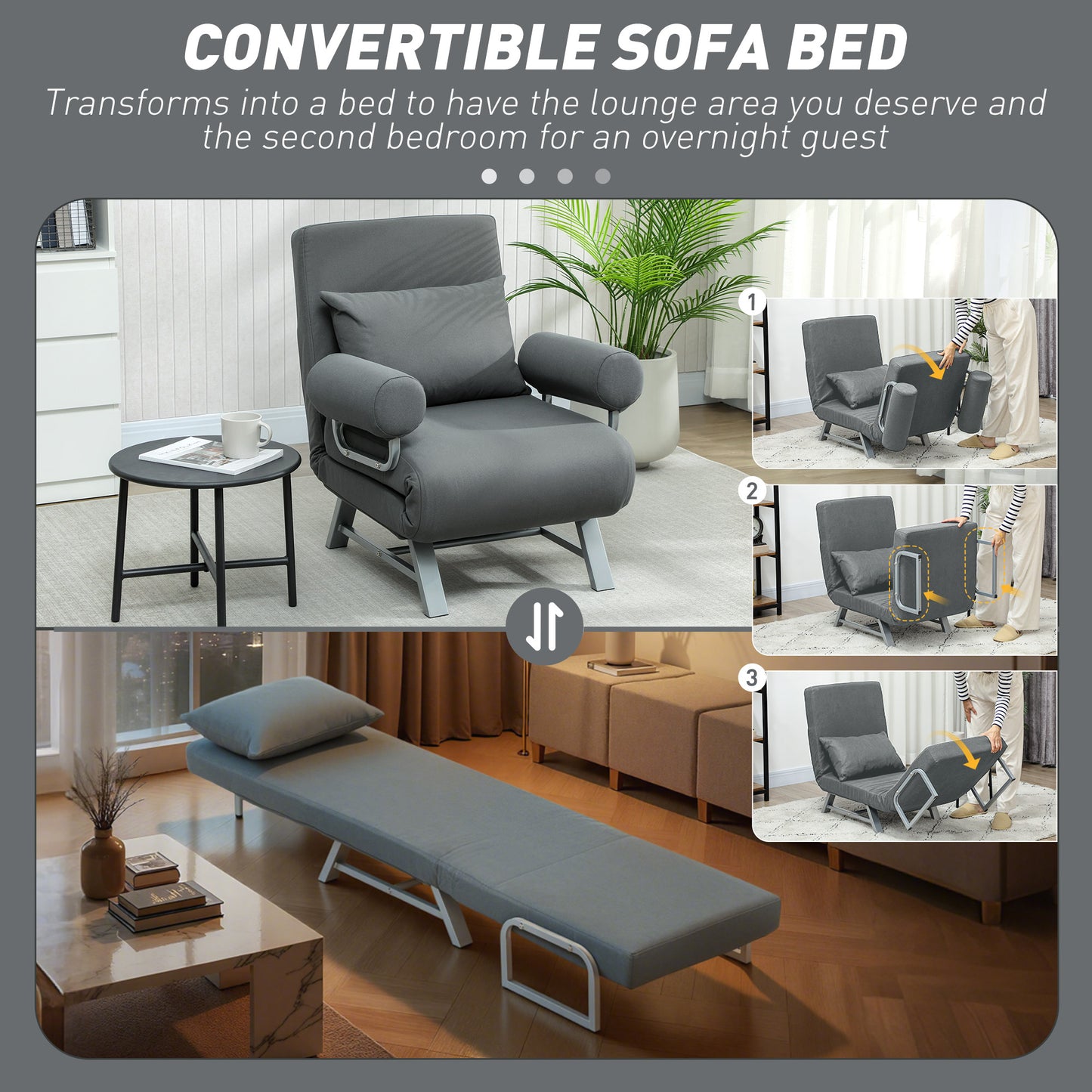 HOMCOM Three in One Sofa Bed with Adjustable Backrest Removable Armrests Dark Grey