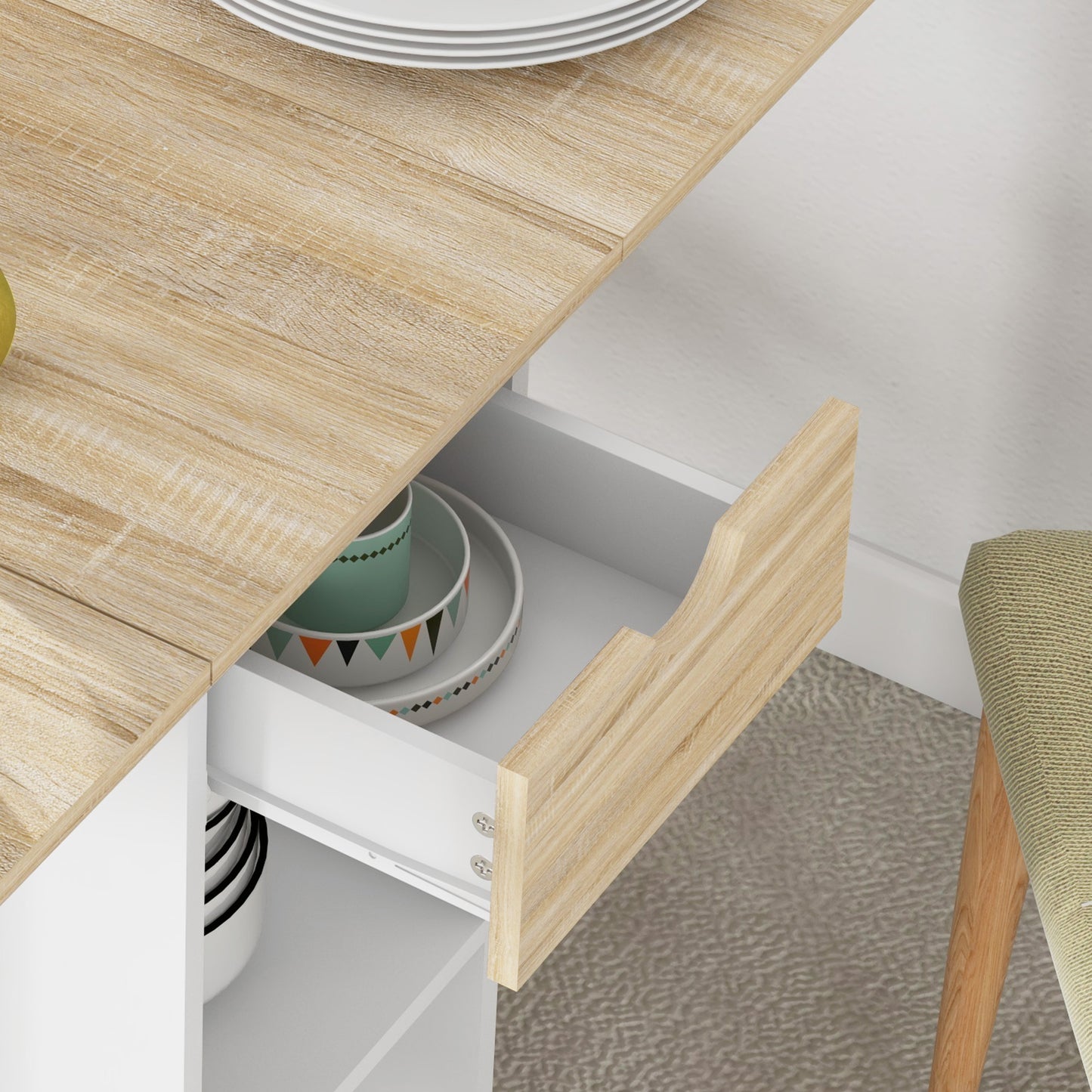 HOMCOM Folding Dining Table With Drop Leaf For Small Spaces Oak Finish Foldable Table With Drawer And Storage Shelves