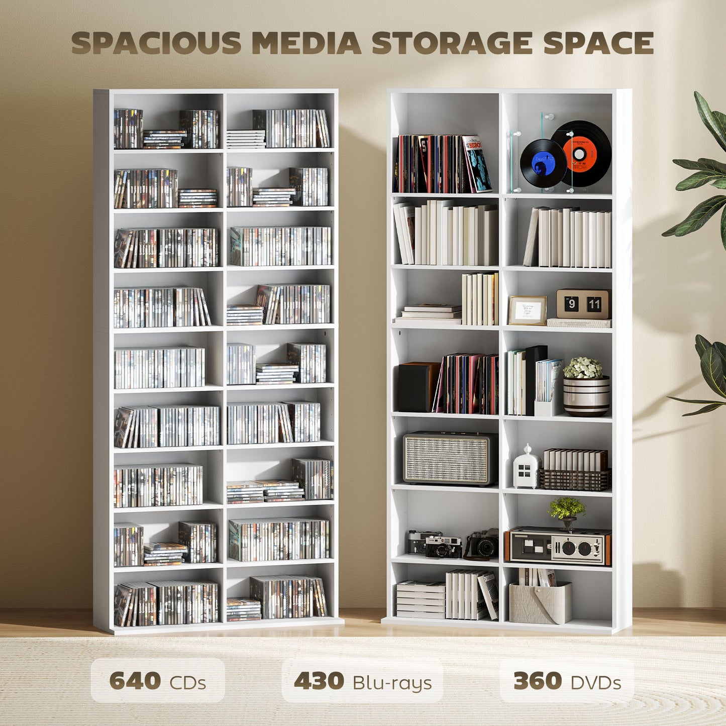 HOMCOM 640 CD Storage Tower White With 14 Adjustable Shelves And Anti Tip Design