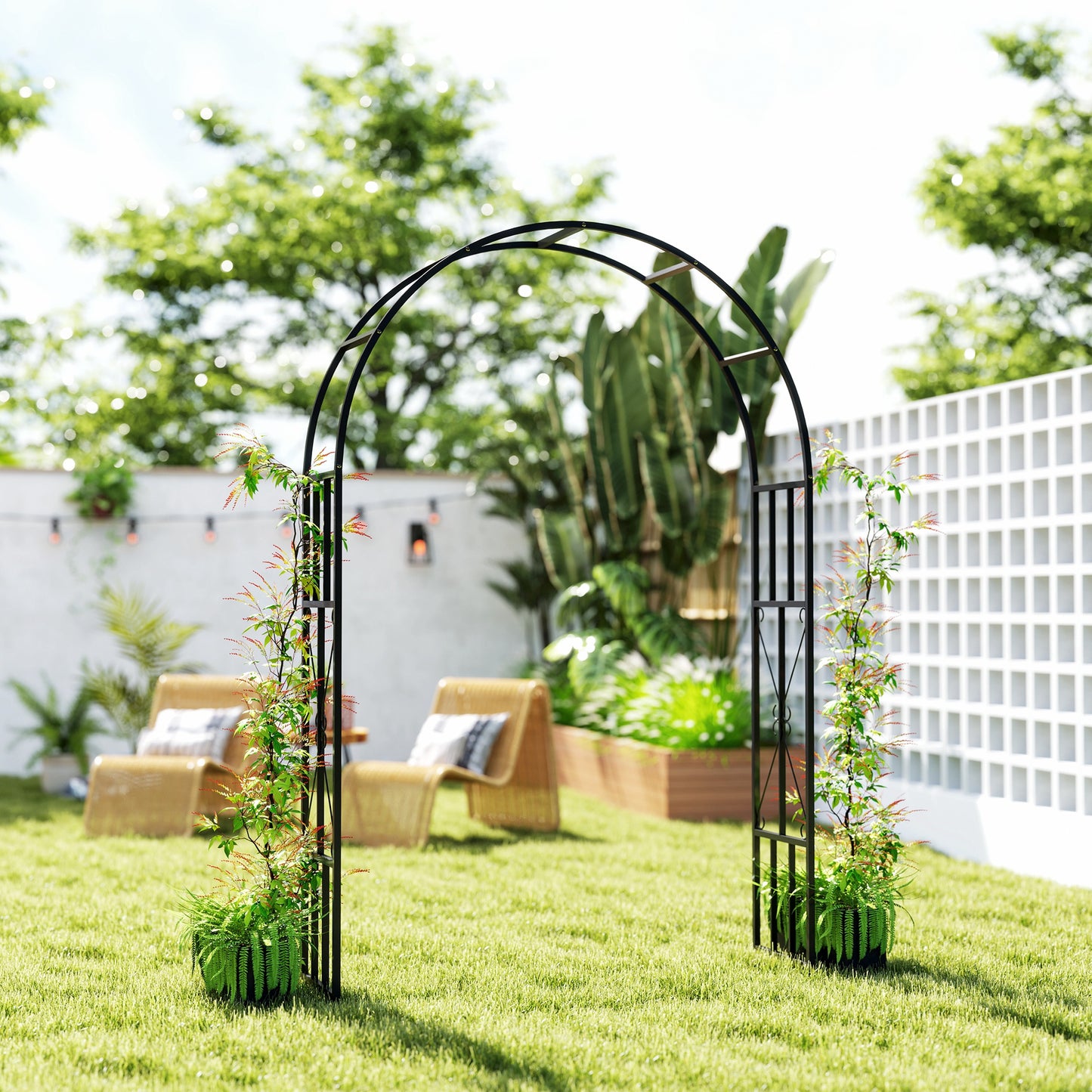 Outsunny Steel Garden Arch 2.2m High 1.5m Trellis For Climbing Roses Wisteria Vines Outdoor Wedding Arch Black
