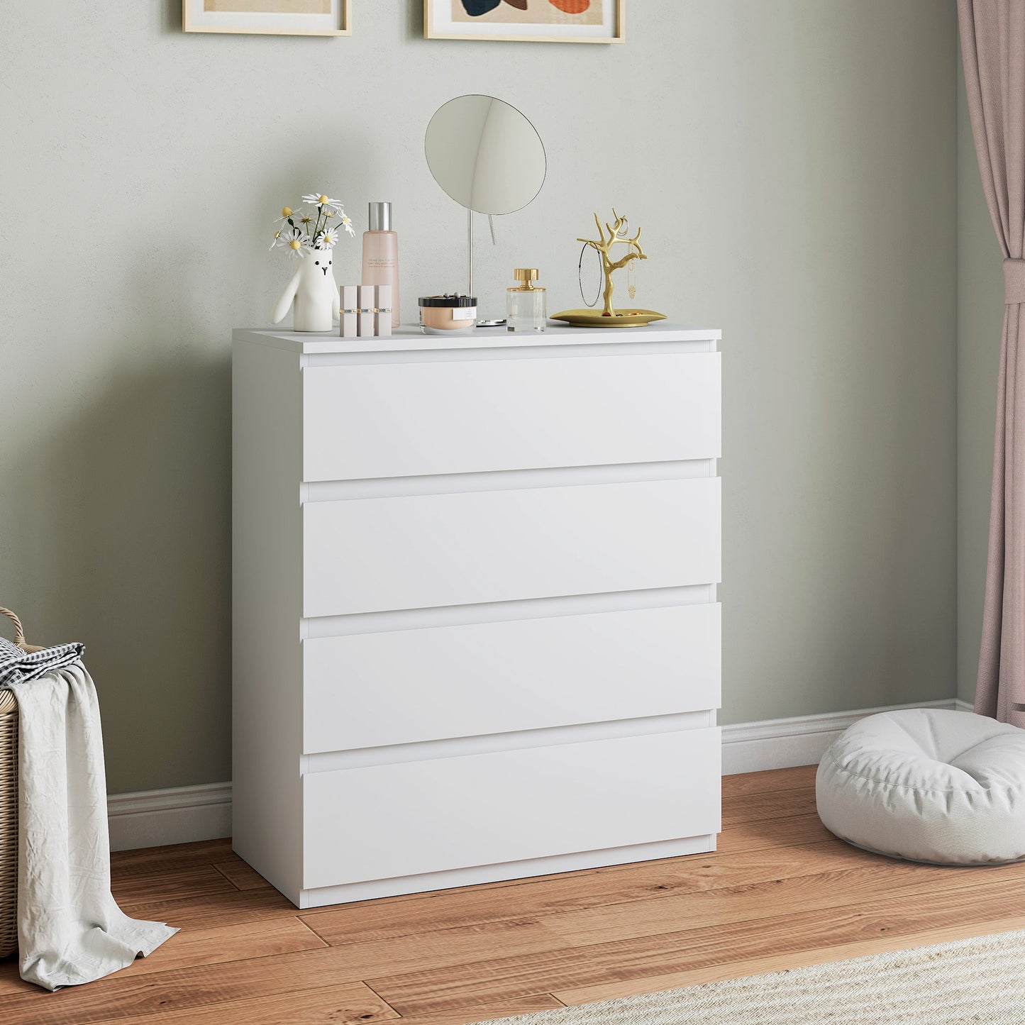 HOMCOM Four Drawer Chest White For Bedroom Storage With Flat Top Display Surface