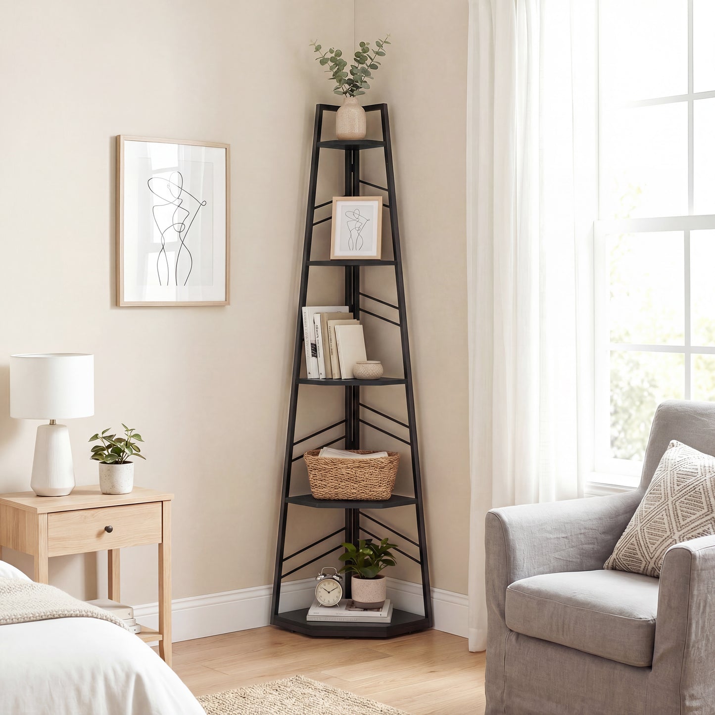 HOMCOM Corner Bookcase 5-Tier Floor Standing Bookshelf For Living Room Study Bedroom Black