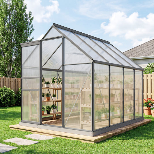 Outsunny 190 x 253 cm Walk In Polycarbonate Greenhouse With Aluminium Frame Dark Grey