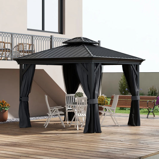 Outsunny 3.65 x 3m Aluminium Hardtop Gazebo with Accessories - Dark Grey | Sturdy Outdoor Canopy for All-Weather Enjoyment