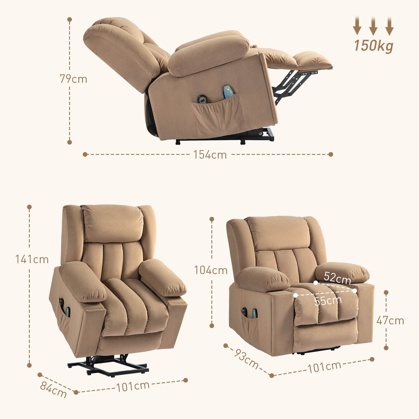 HOMCOM Electric Lift Recliner Chair with Massage and Heat, Overstuffed Armchair for Elderly, Light Brown with USB Ports and Cup Holders - ALL4U RETAILER LTD
