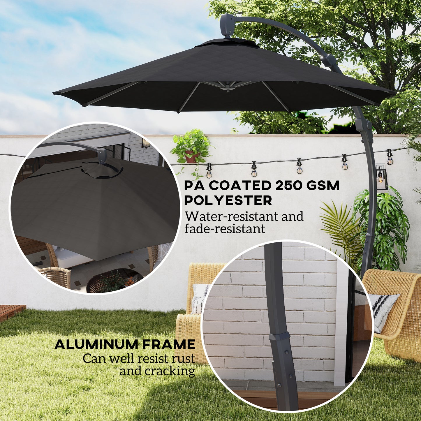 Outsunny 3m Cantilever Parasol Round Overhang Umbrella With Crank Handle Base Aluminum Frame 360Rotation Banana Black