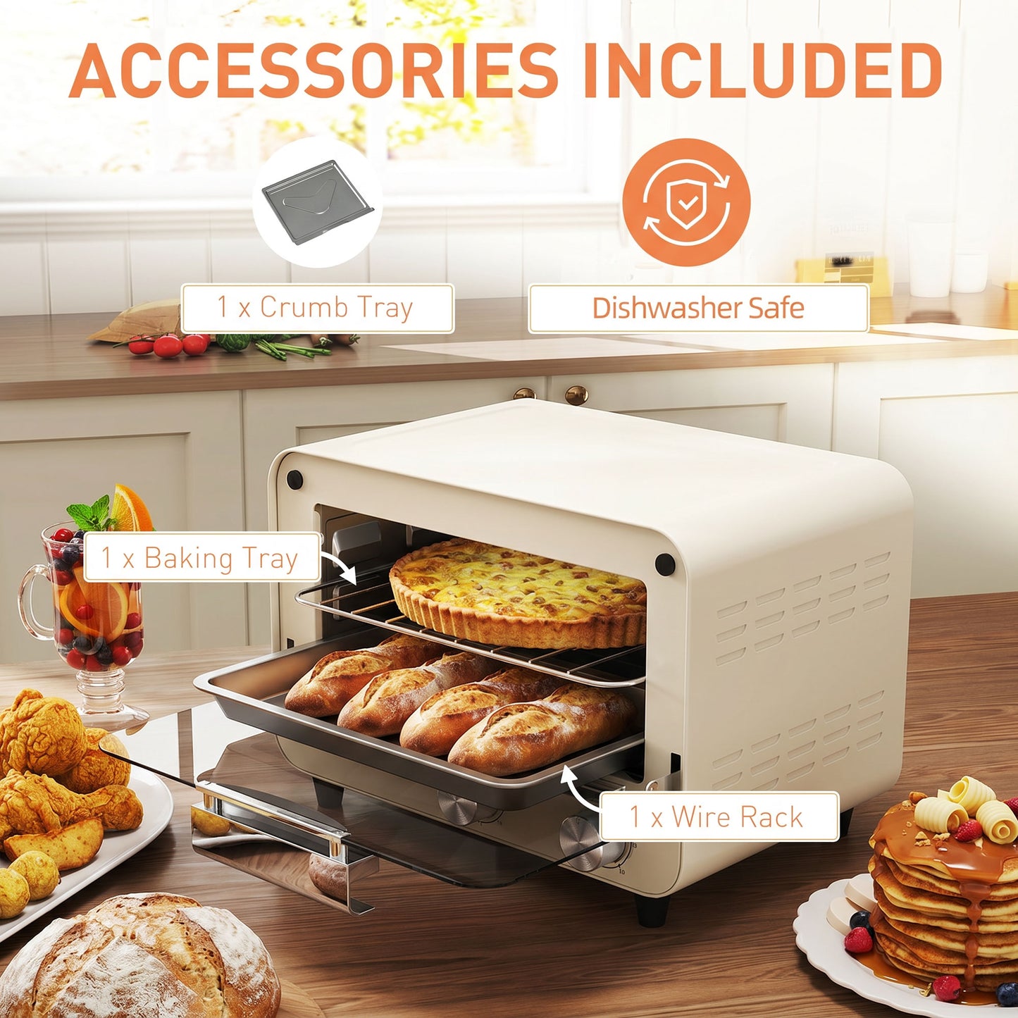 HOMCOM Mini Oven 12L Capacity Small Toaster Oven With Glass Door 750W Adjustable Temperature And Timer Cream White