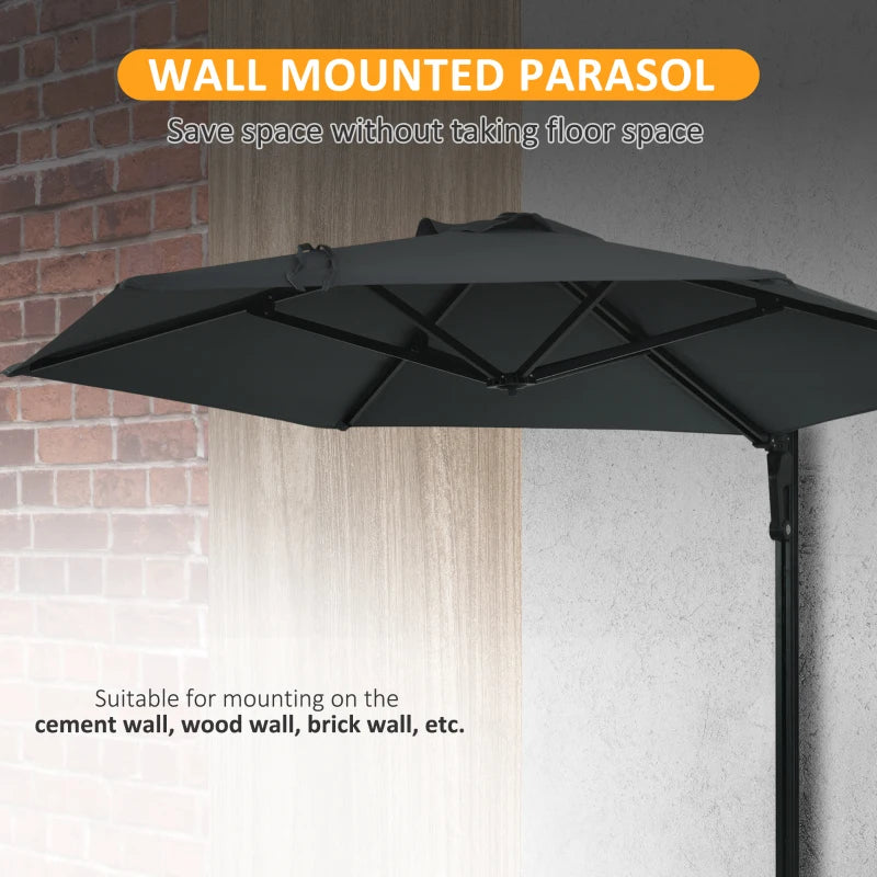 Outsunny 2.5m Wall Mounted Parasol - Hand Push Outdoor Patio Umbrella with 180° Rotatable Canopy for Porch, Deck, Garden - 250 cm, Dark Grey - ALL4U RETAILER LTD