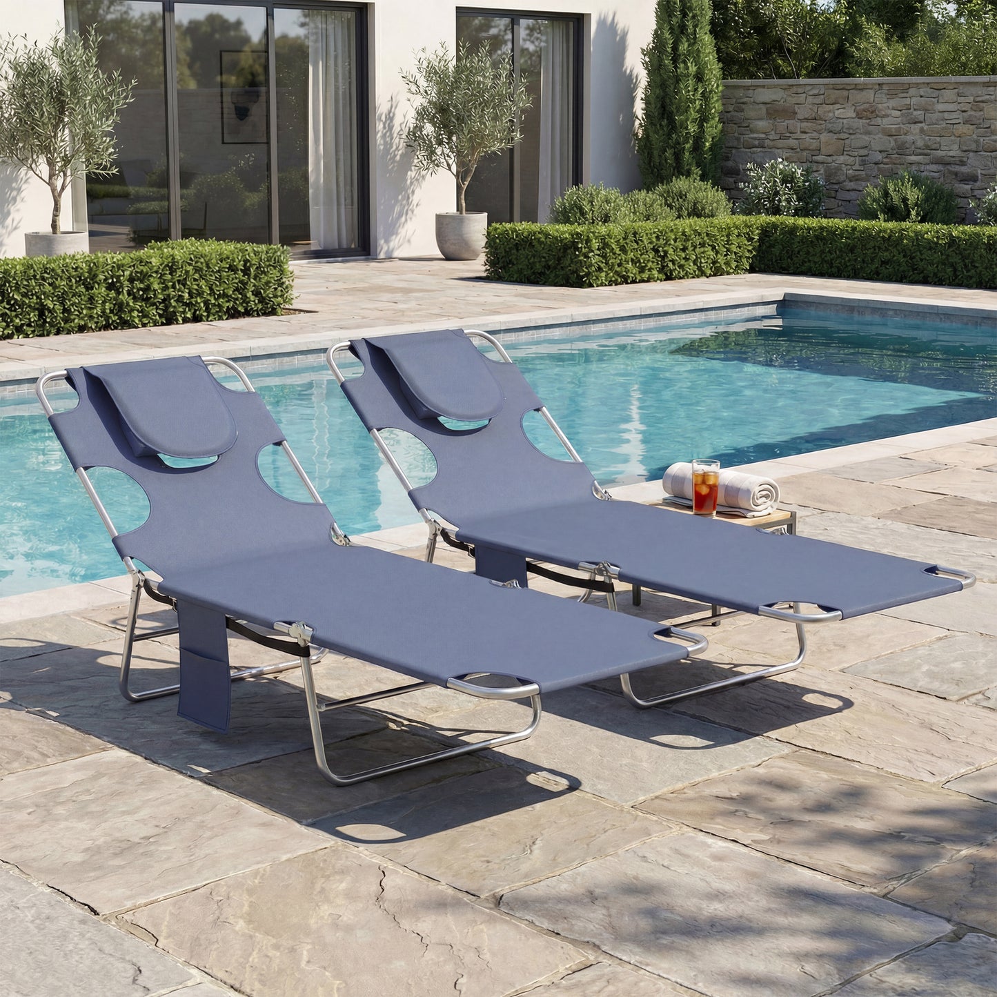 Outsunny 5 Position Adjustable Sun Loungers Set Of 2 With Reading Hole And Side Pocket Grey