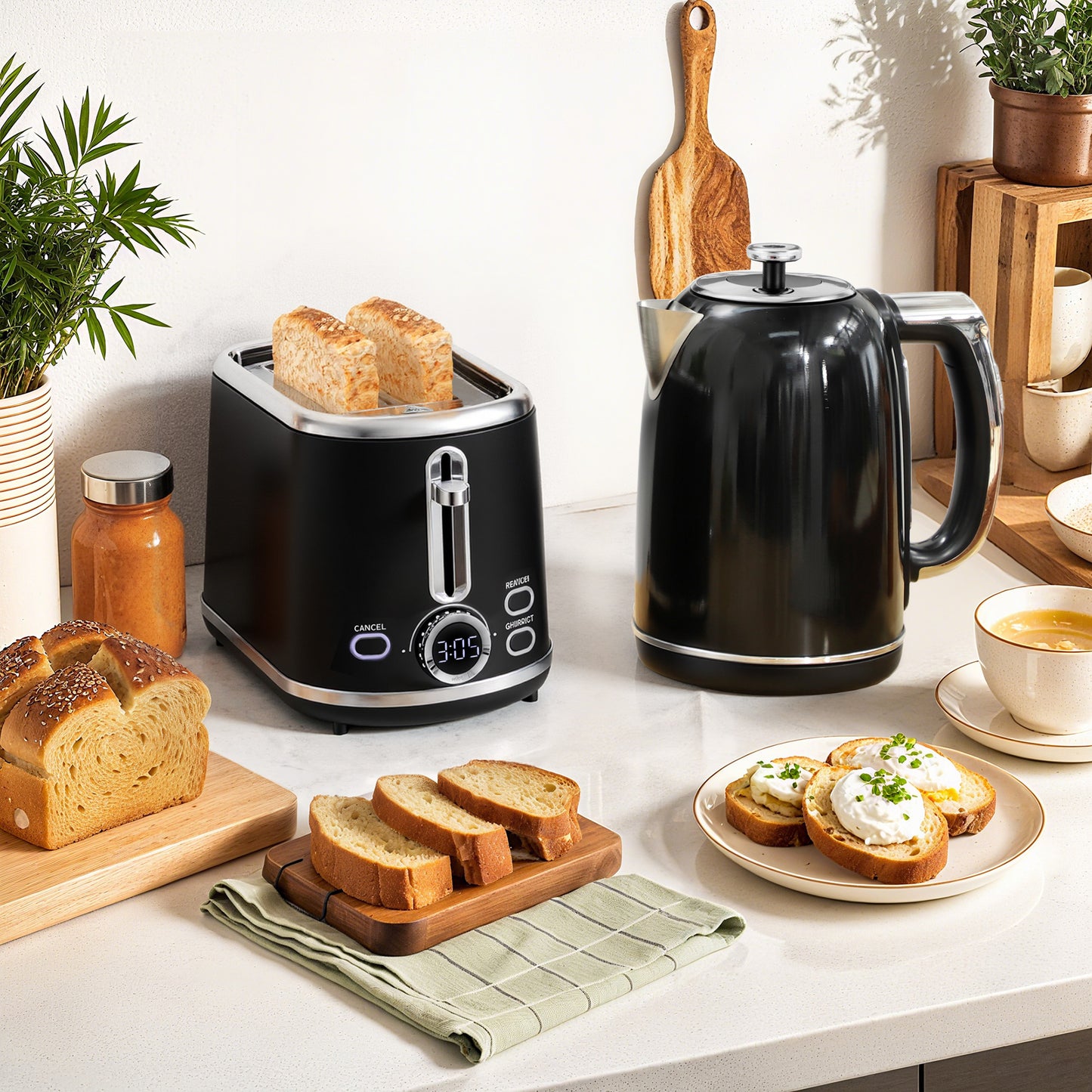 HOMCOM Polished Retro Kettle And Toaster Set With 40 To 100 Celsius Temperature Control And Memory Function Black