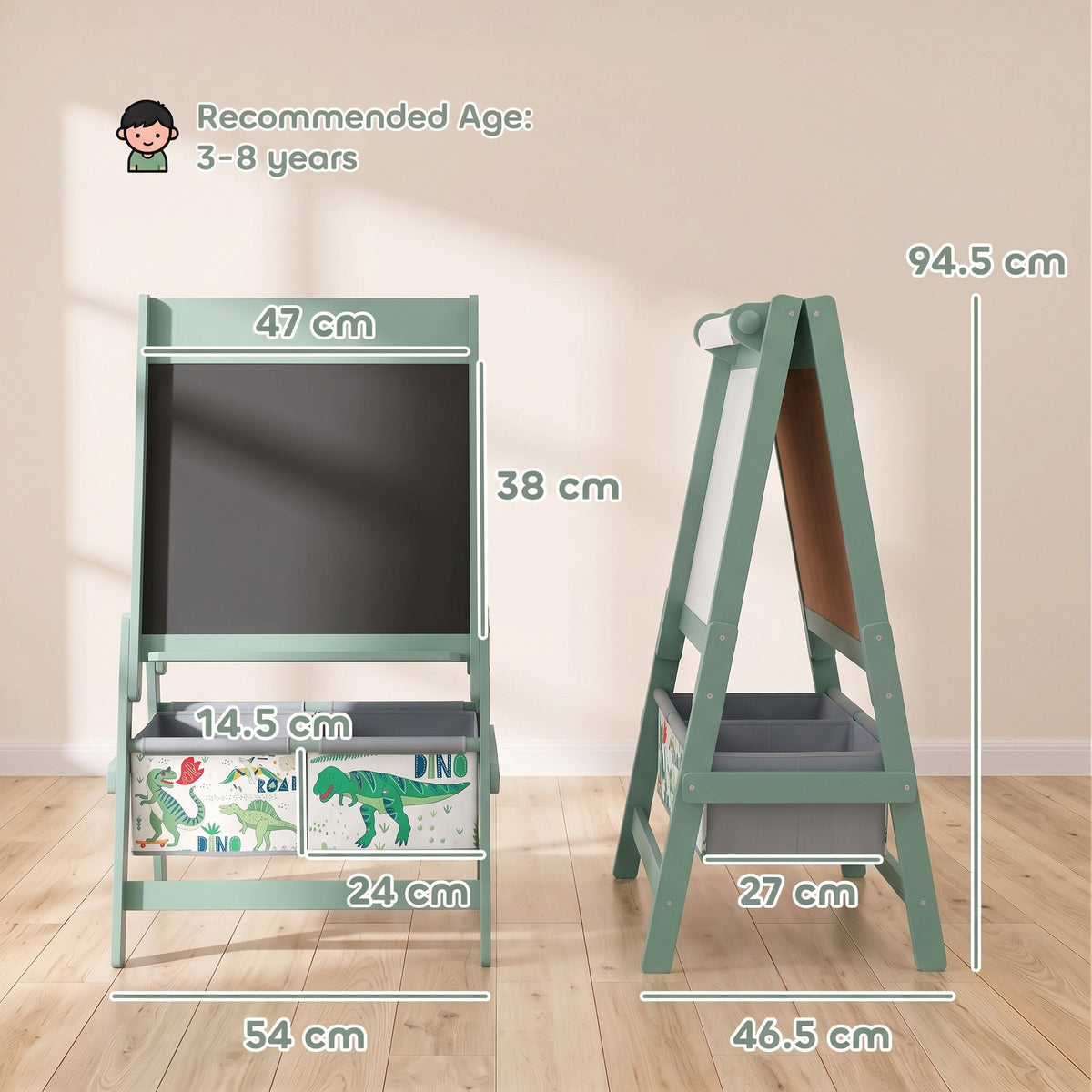 Wooden A-frame art easel with shown dimensions for height and width, mint green