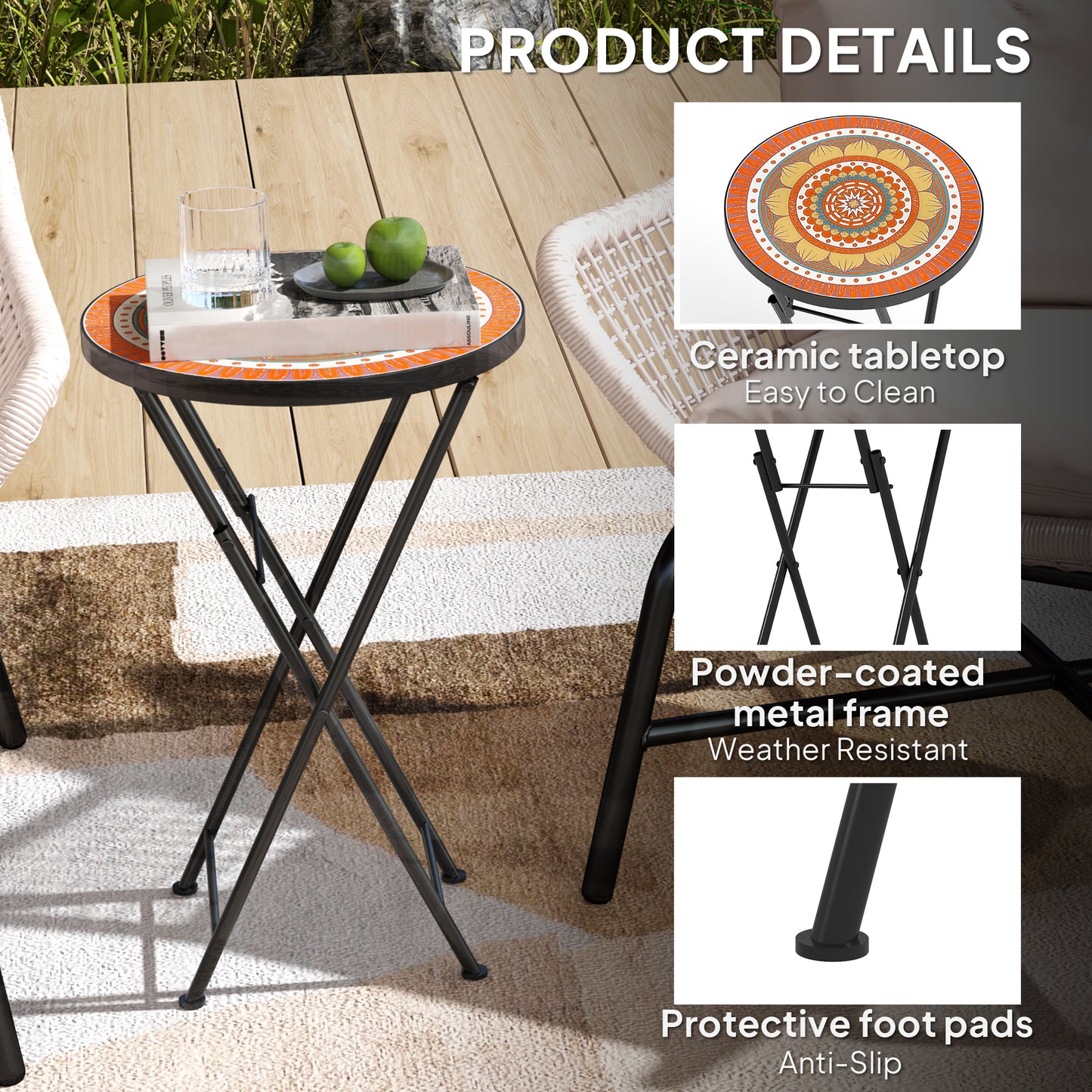 Outsunny Mosaic Outdoor Garden Table 35.5cm Round Folding Coffee Table With Metal Frame For Balcony Terrace Orange