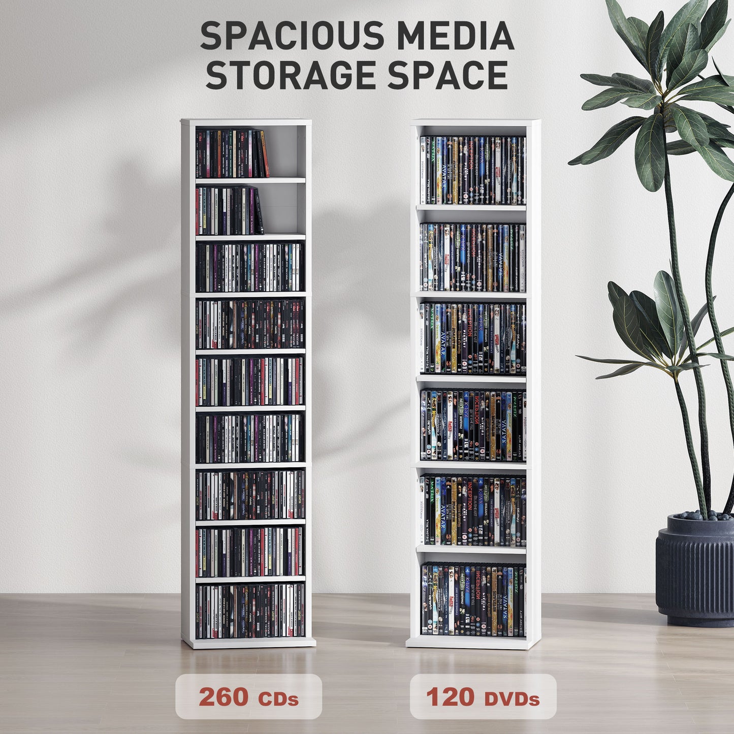 HOMCOM 260 CD Storage Unit Narrow White With Six Adjustable Shelves Ideal for CDs DVDs and Media Organization