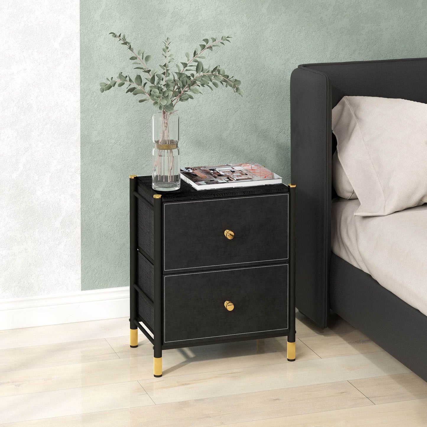 Luxurious Black PU Leather Nightstand with Gold Accents and Dual Drawers - ALL4U RETAILER LTD