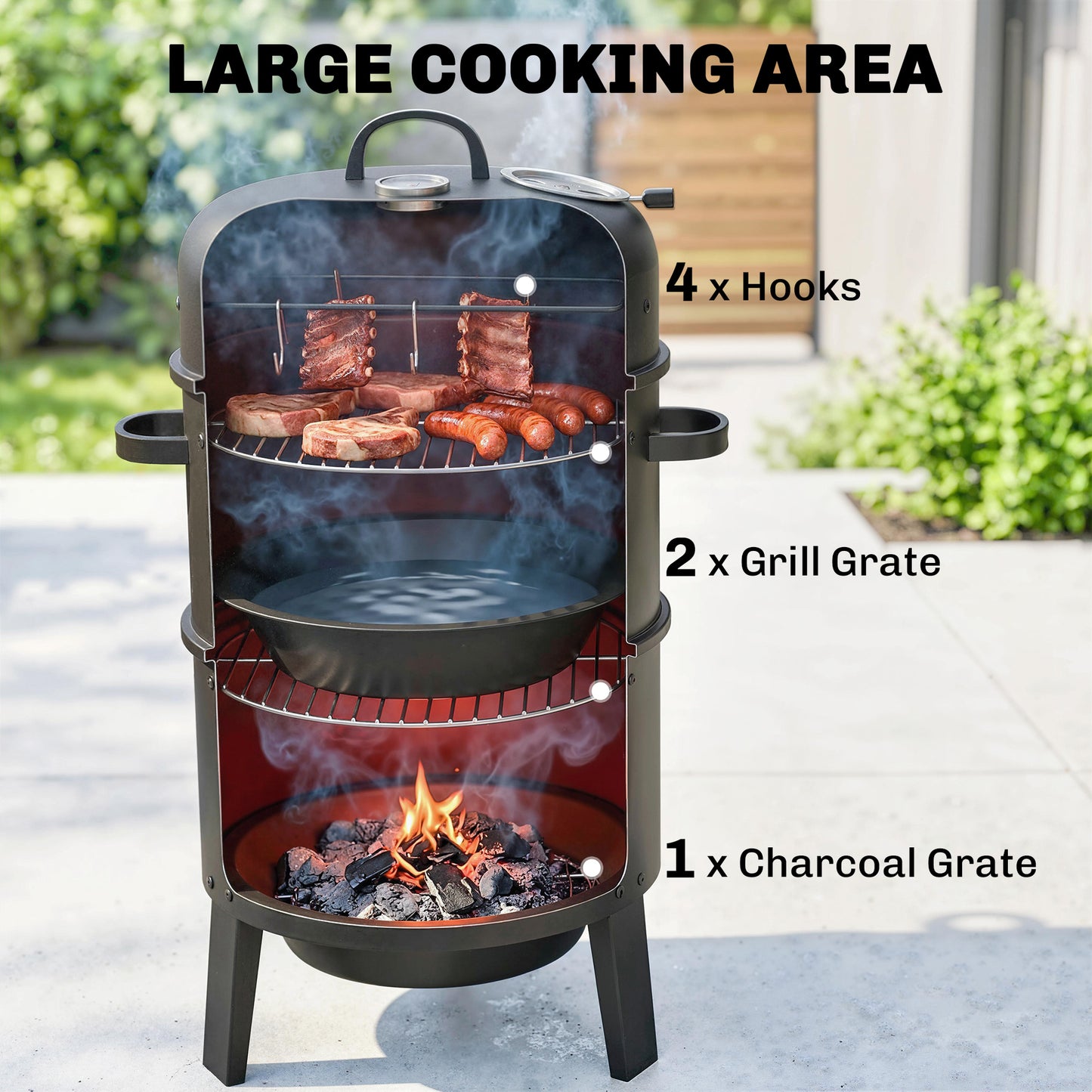 Outsunny 3-In-1 Vertical Charcoal Smoker With Two Grill Grates Built-In Thermometer Adjustable Vent And Two Doors