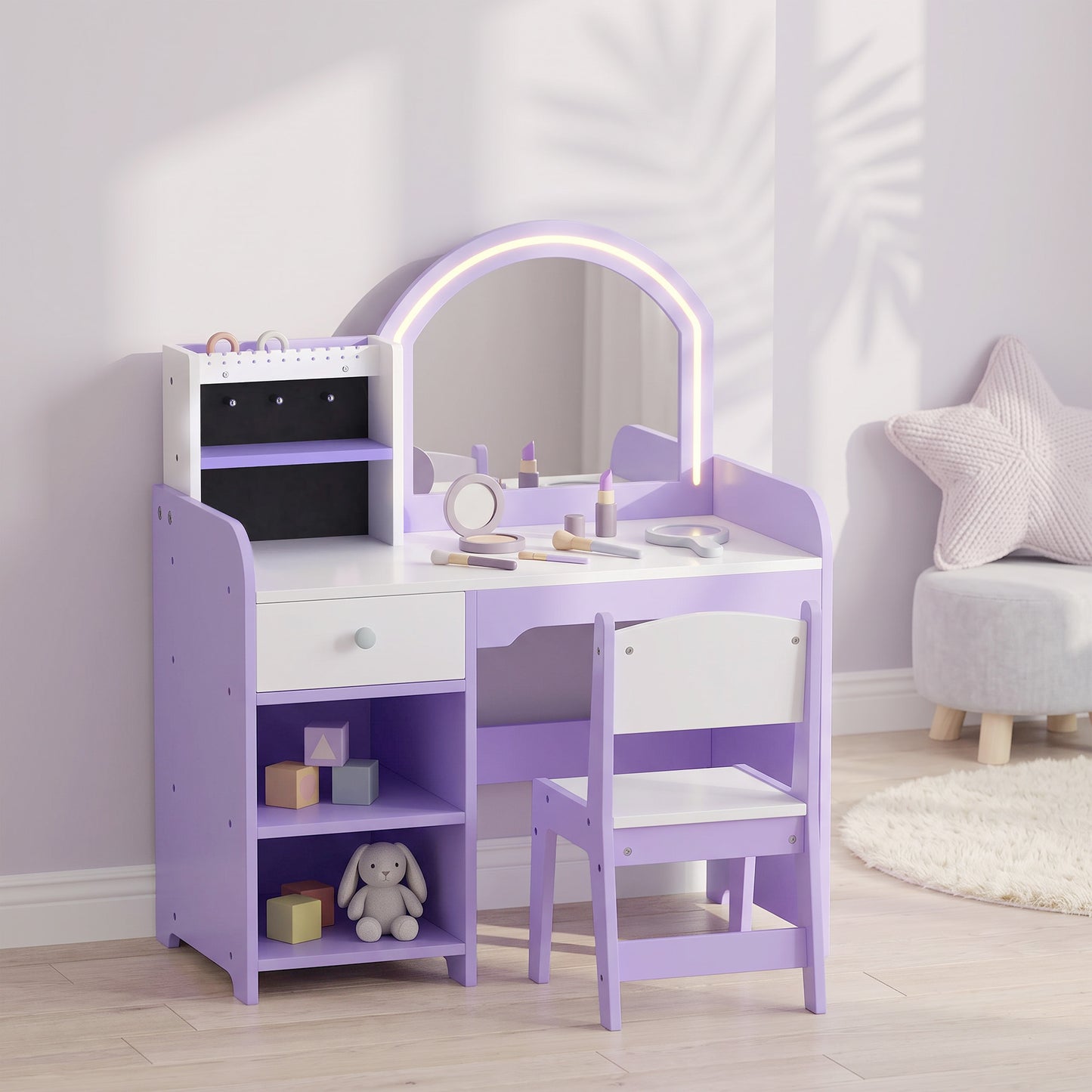 Kids Vanity Set With Light Up Mirror Stool Purple Dressing Table Gift Girls